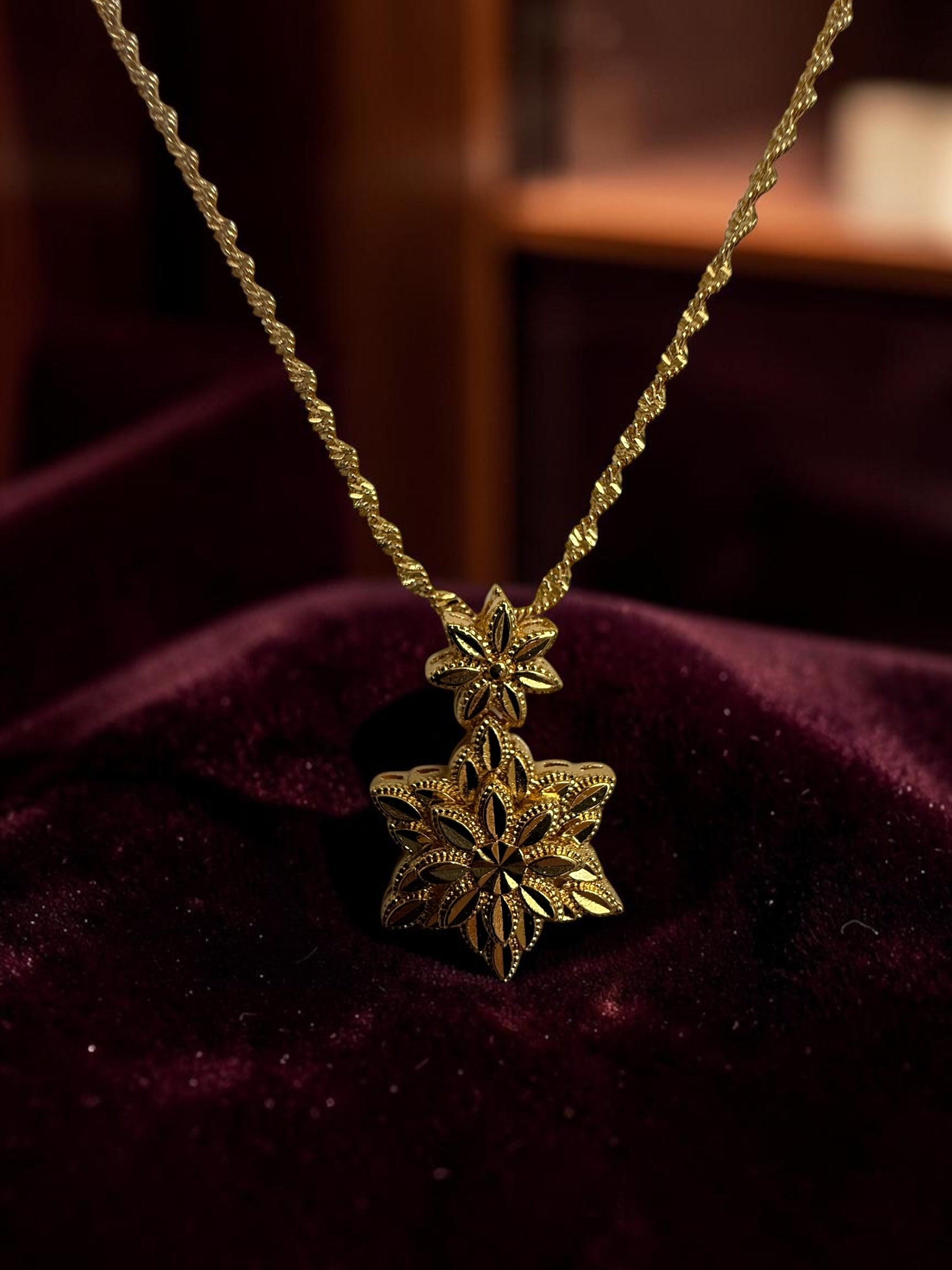 Gold Plated Brass Floral Pendant Necklace & Dangle Earrings Set for Women | Traditional Flower Jewelry Set 6091