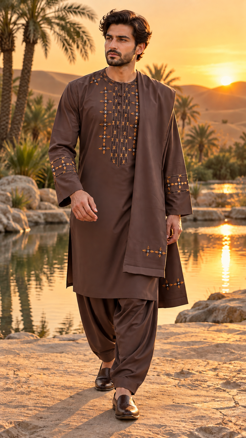 Men’s Chocolate Brown Embroidered Afghan Parahan Tunban 3-Piece Set with Shawl | Small–X-Large