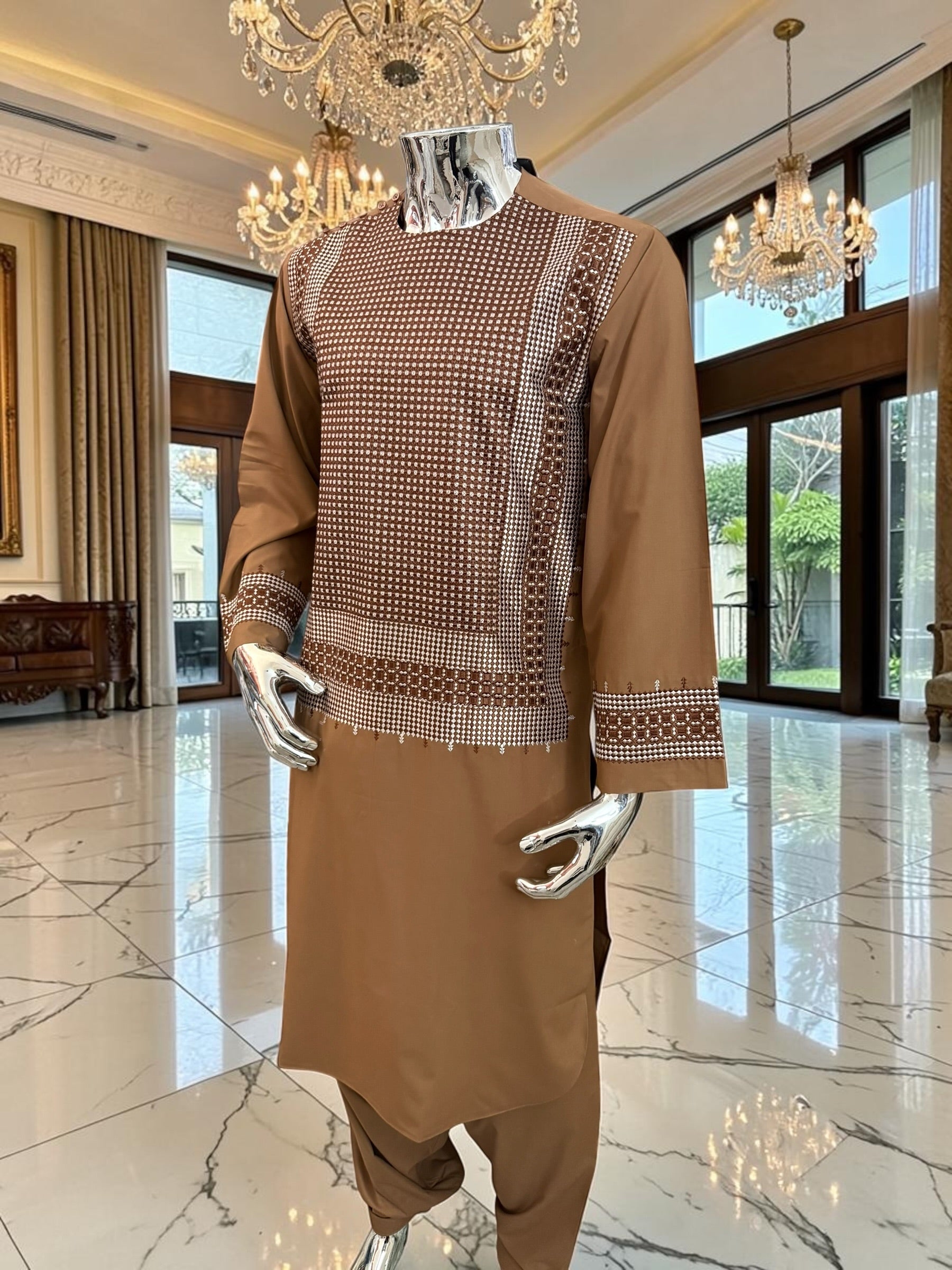 Medium Brown Parahan Tunban with White Embroidery | Traditional Afghan Men’s Wear
