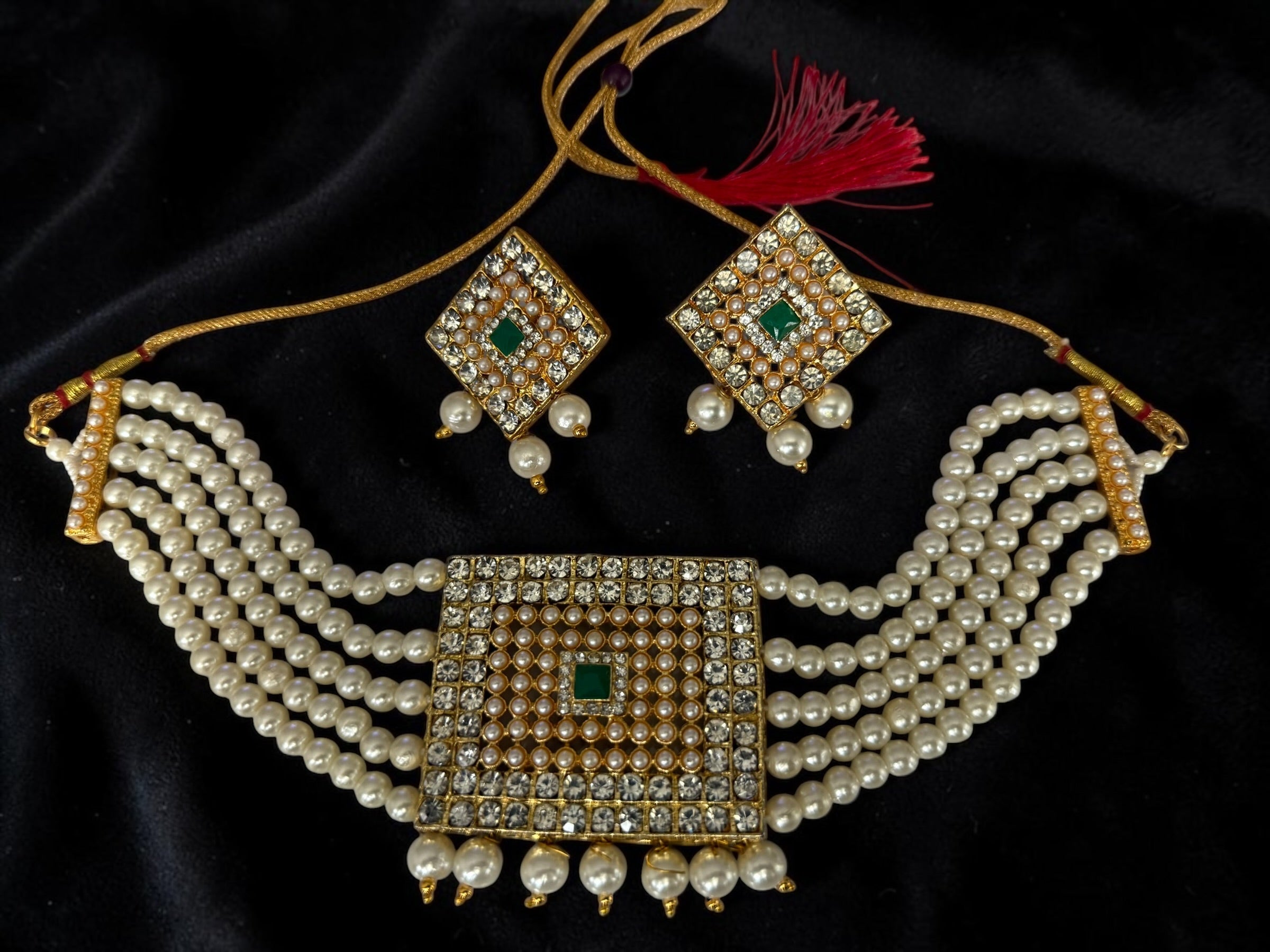 Traditional Gold Tone Pearl Choker Necklace Set with Earrings – Bridal Pakistani Indian Afghan Statement Jewelry for Women 023