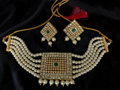 Traditional Gold Tone Pearl Choker Necklace Set with Earrings – Bridal Pakistani Indian Afghan Statement Jewelry for Women 023