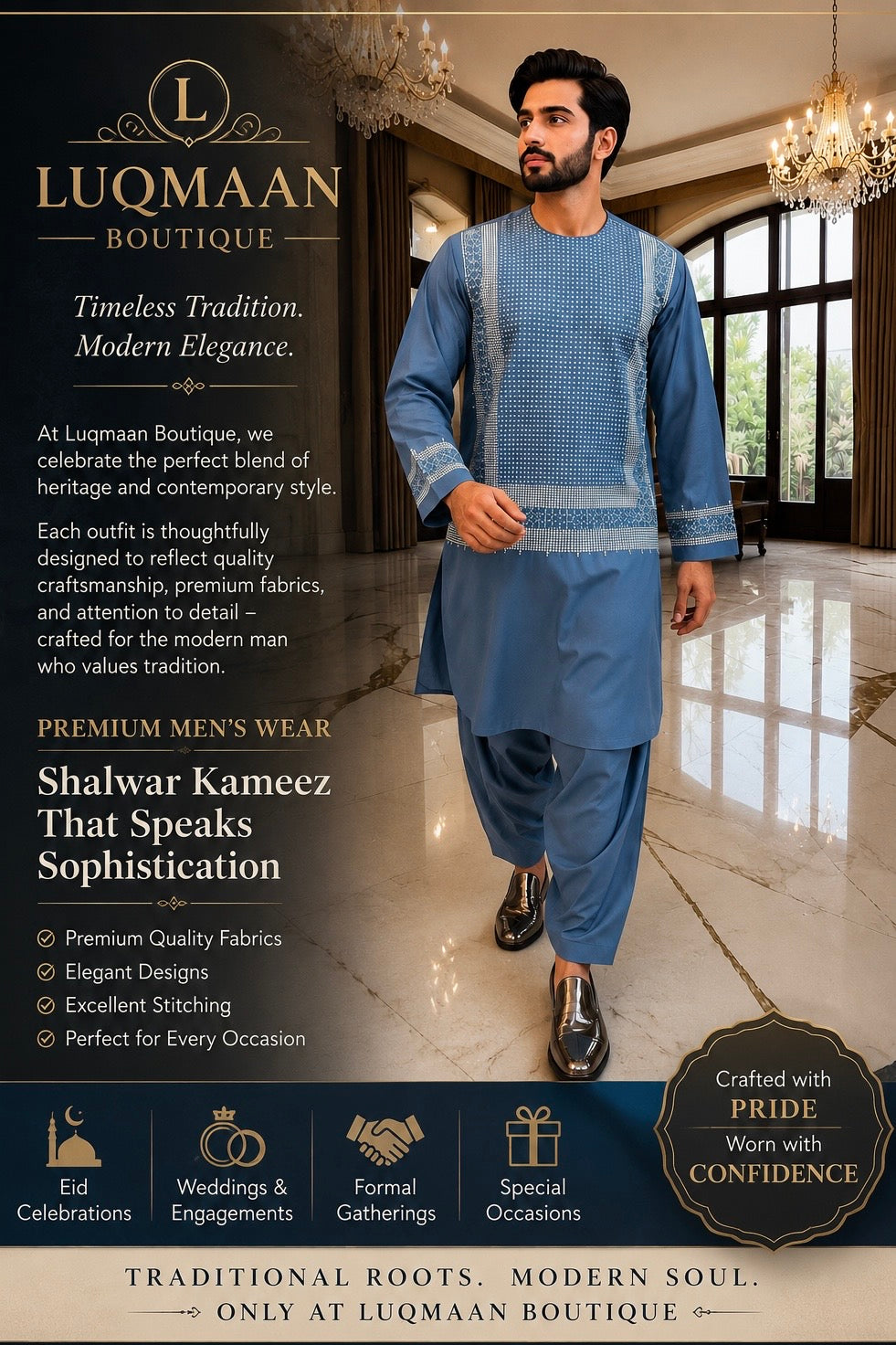 Medium Steel Blue Embroidered Men’s Parahan Tunban Yakhandozi – Premium Traditional Suit