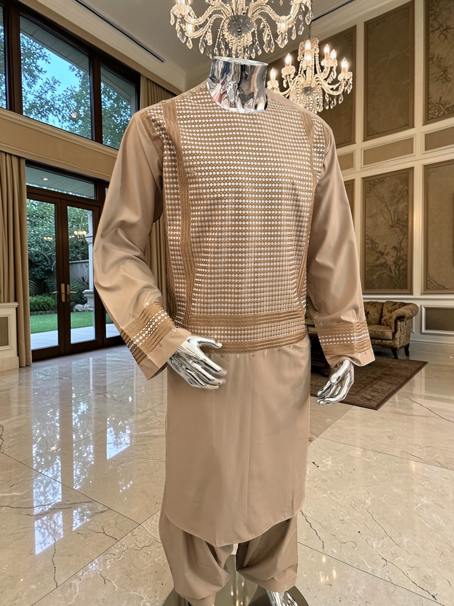XL Beige Embroidered Afghan Parahan Tumban – Cotton-Blend Traditional Men’s Outfit | Luqmaan Boutique