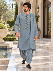 Men’s Gray Blue Embroidered Afghan Parahan Tunban with Shawl Small and Large Available