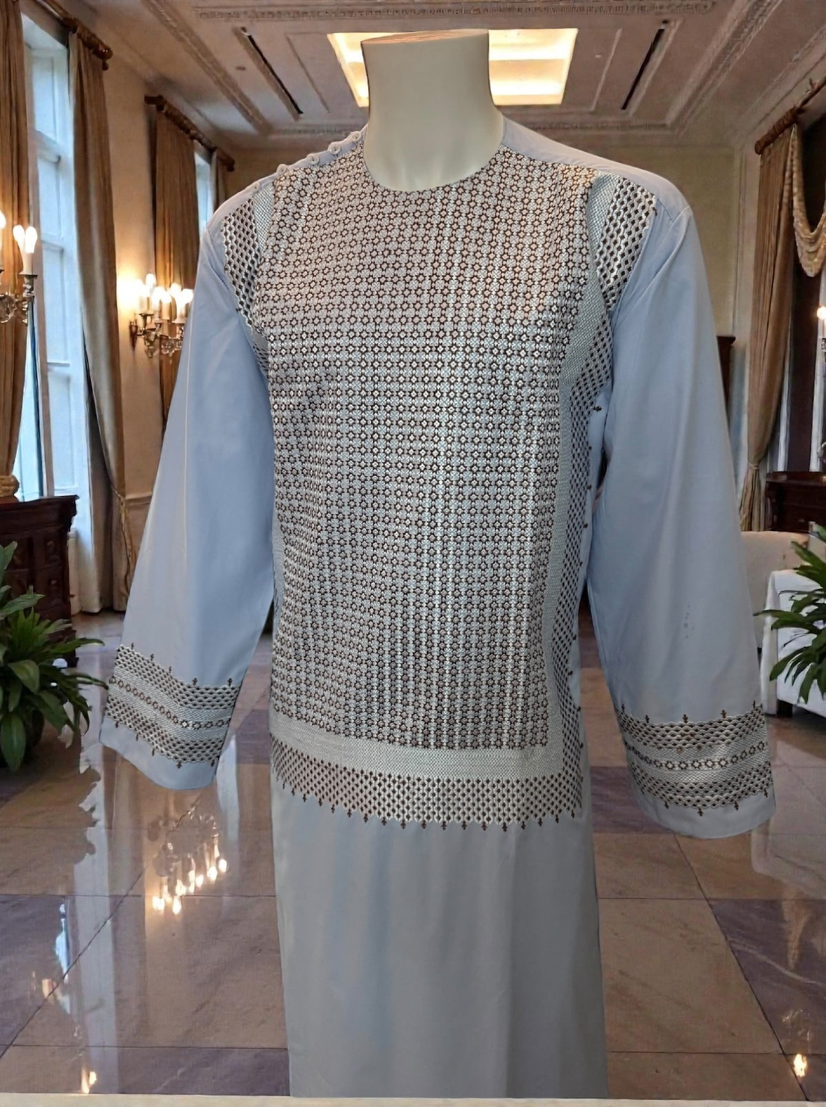 Light Blue Afghan Parahan Tunban for Men with Machine Embroidery Large to X-Large