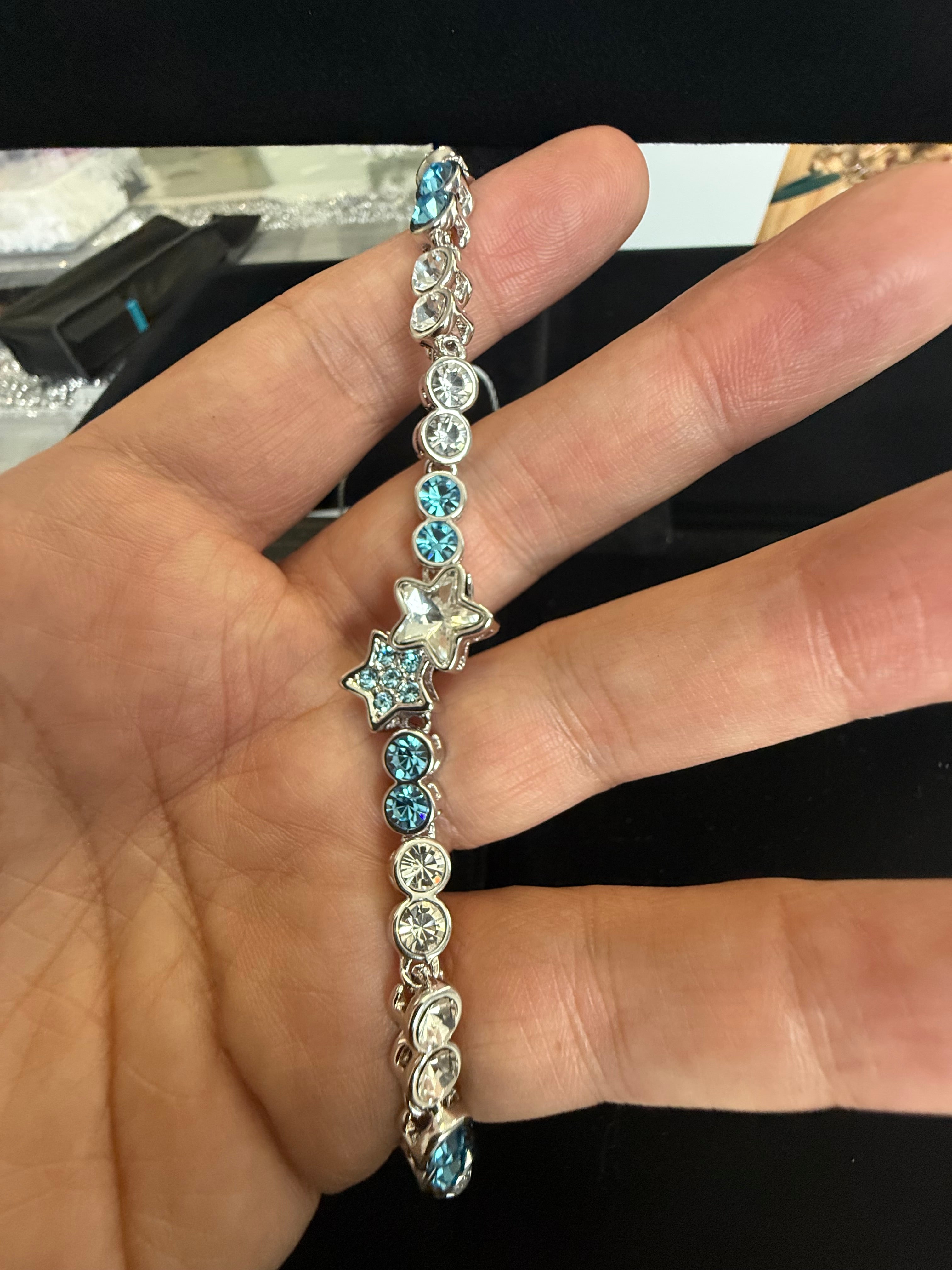 Blue & Clear Crystal Star Bracelet – Silver-Tone Celestial Tennis Bracelet for Women 7070