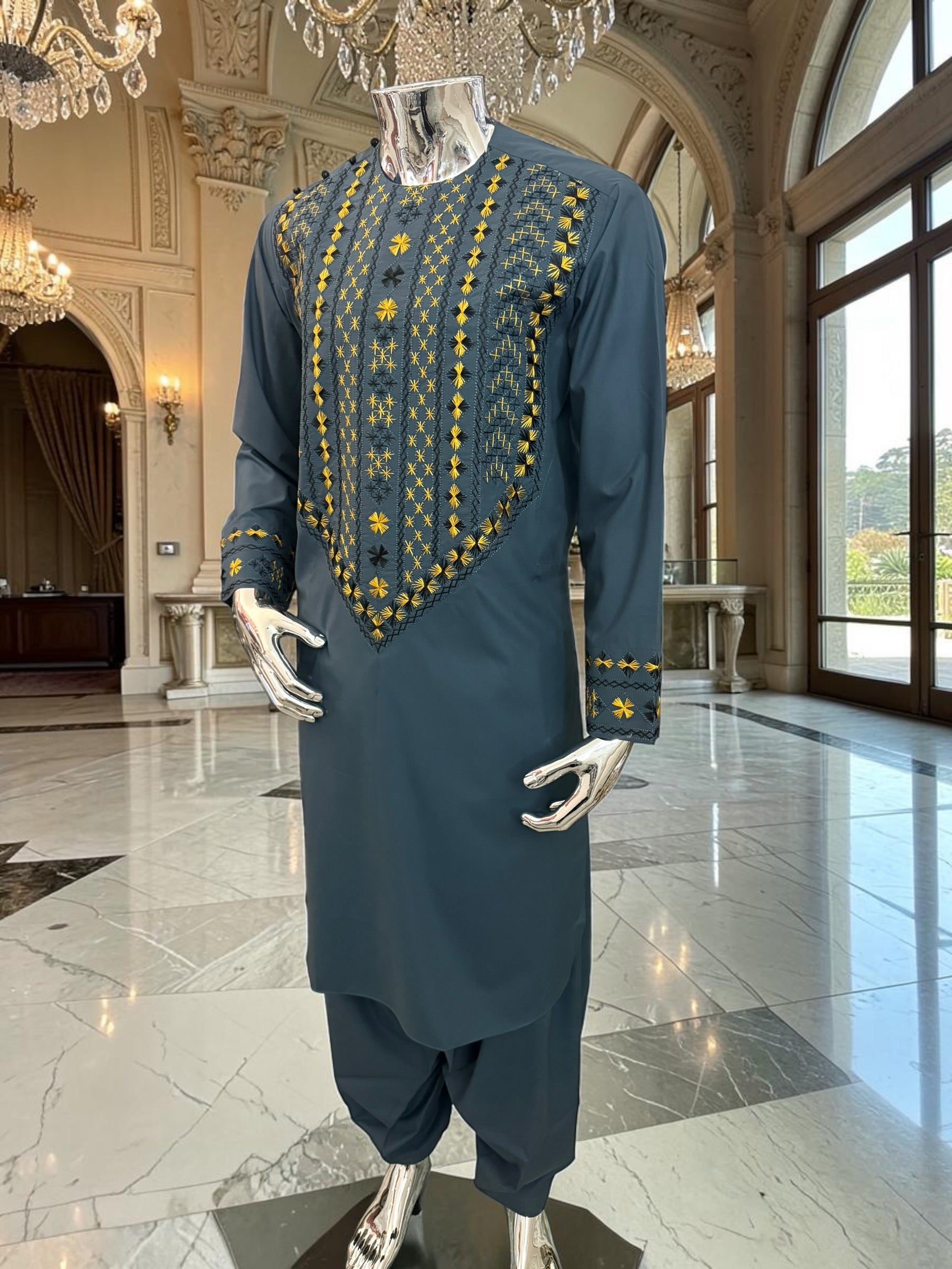 Medium Men’s Afghan Parahan Tunban Set – Dark Slate Blue with Premium Gold & Black Hand Embroidery with Chadder/patto