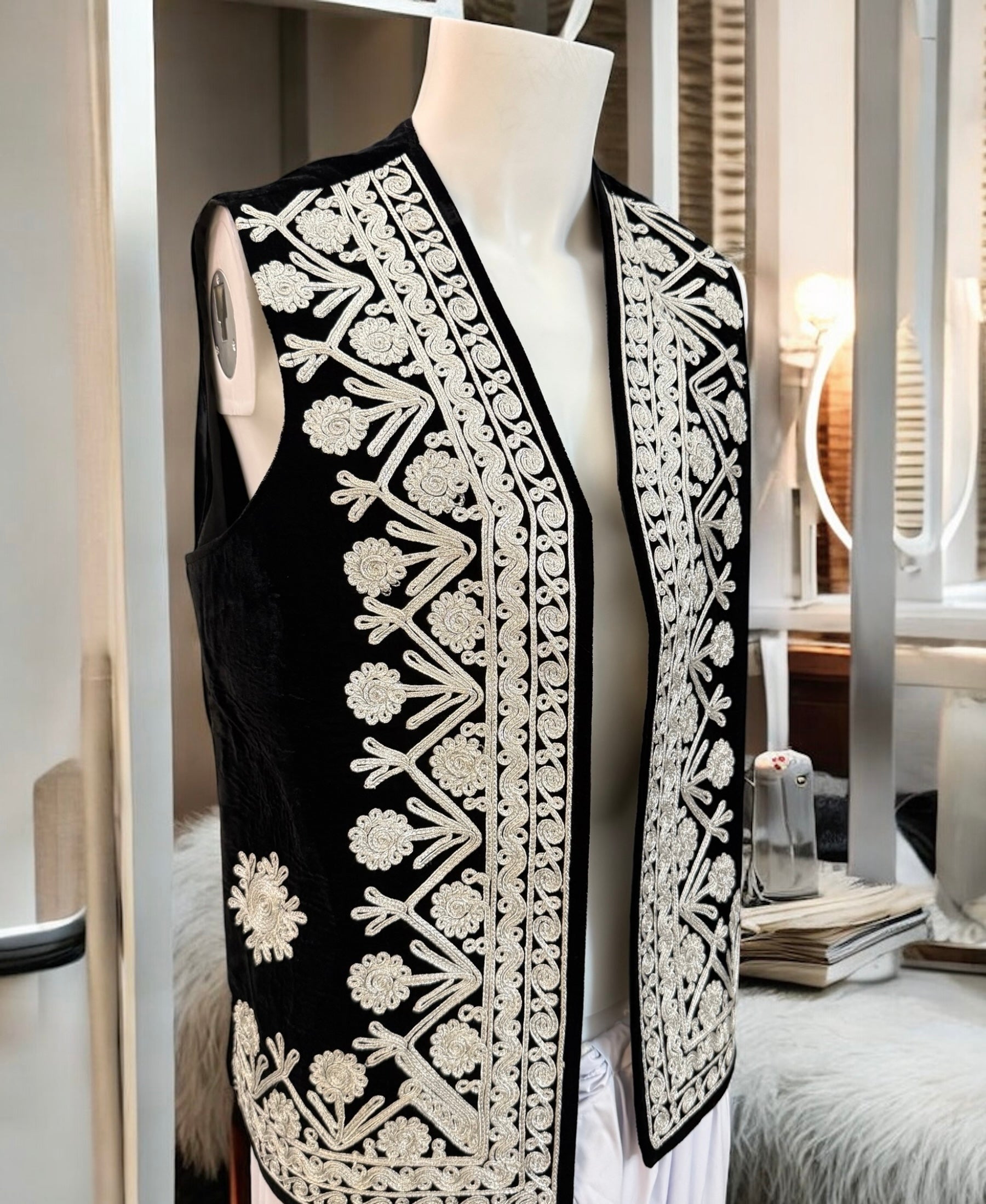 Men’s Black Velvet Chermadozi Vest | Handmade Traditional Afghan Waistcoat medium to Large