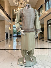 Medium Sage Green Parahan Tunban with Brown Embroidery | Premium Afghan Traditional Wear
