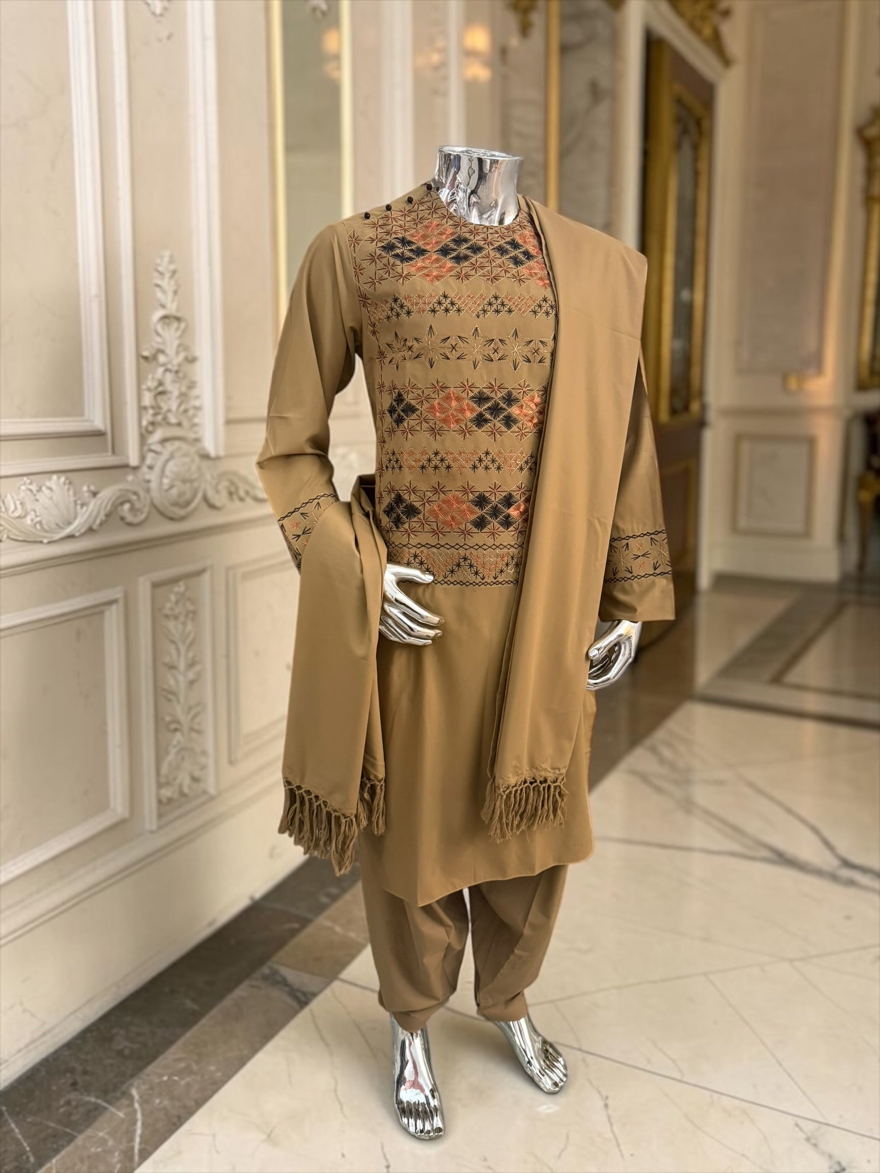 Hand Embroidered Camel Tan Afghan Parahan Tunban with Matching Shawl 5024