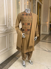 Hand Embroidered Camel Tan Afghan Parahan Tunban with Matching Shawl 5024