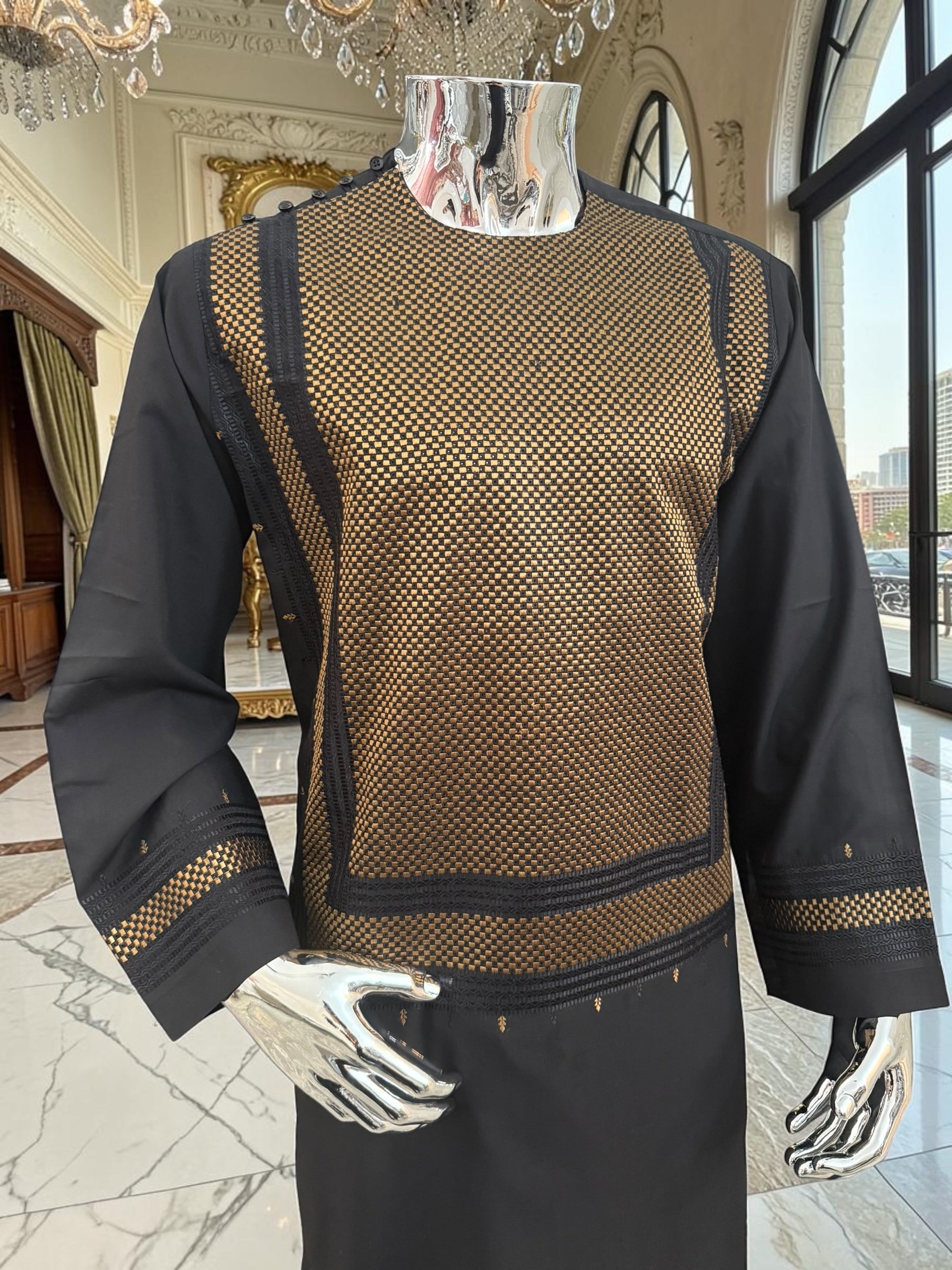 Large Black & Gold Afghan Parahan Tunban Set – Premium Machine Embroidery Traditional Outfit