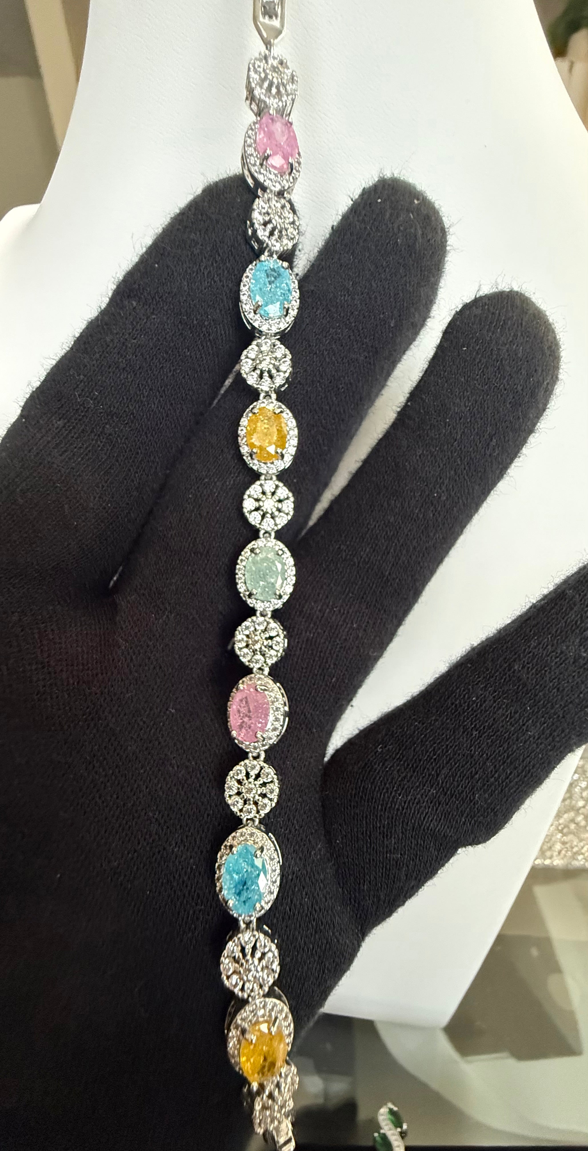 Multicolor Oval Crystal Halo Tennis Bracelet – Silver Tone Sparkling Statement Jewelry 7113