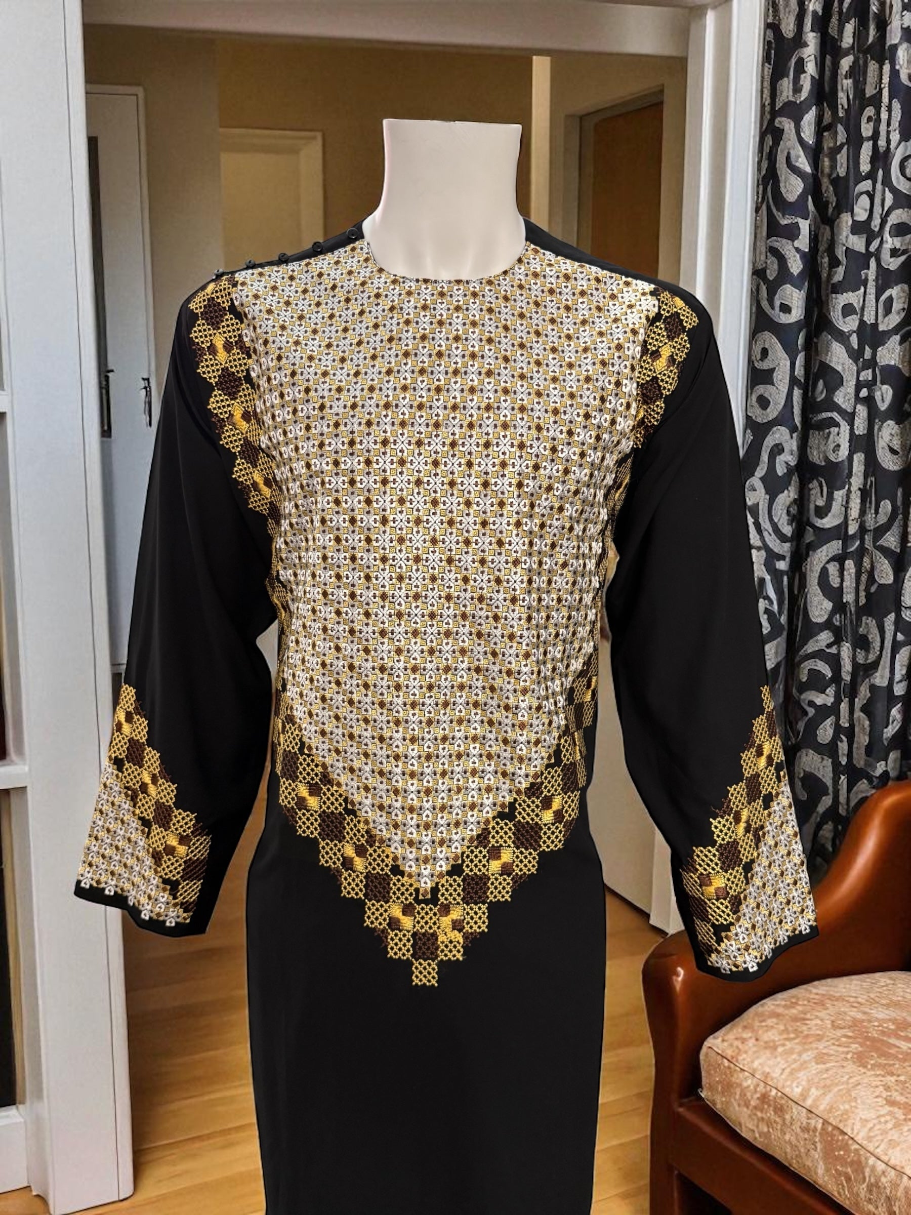 Men’s Black Kameez – Black with Gold, White & Brown Machine Embroidery | Afghan Outfit (XL)