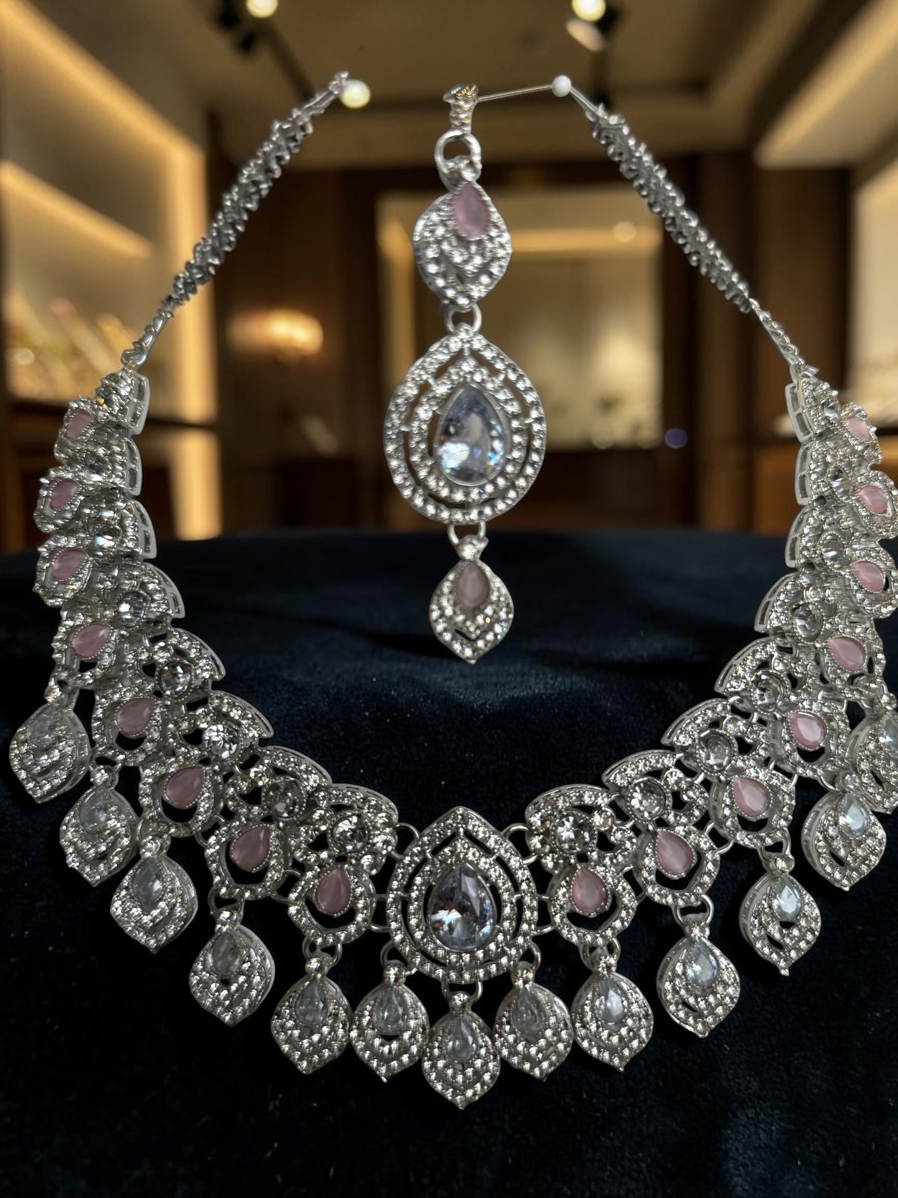 Luxury Silver Tone Blush Pink Crystal Bridal Jewelry Set | Statement Necklace, Earrings & Maang Tikka | Wedding Jewelry with Black Gift Box 6029