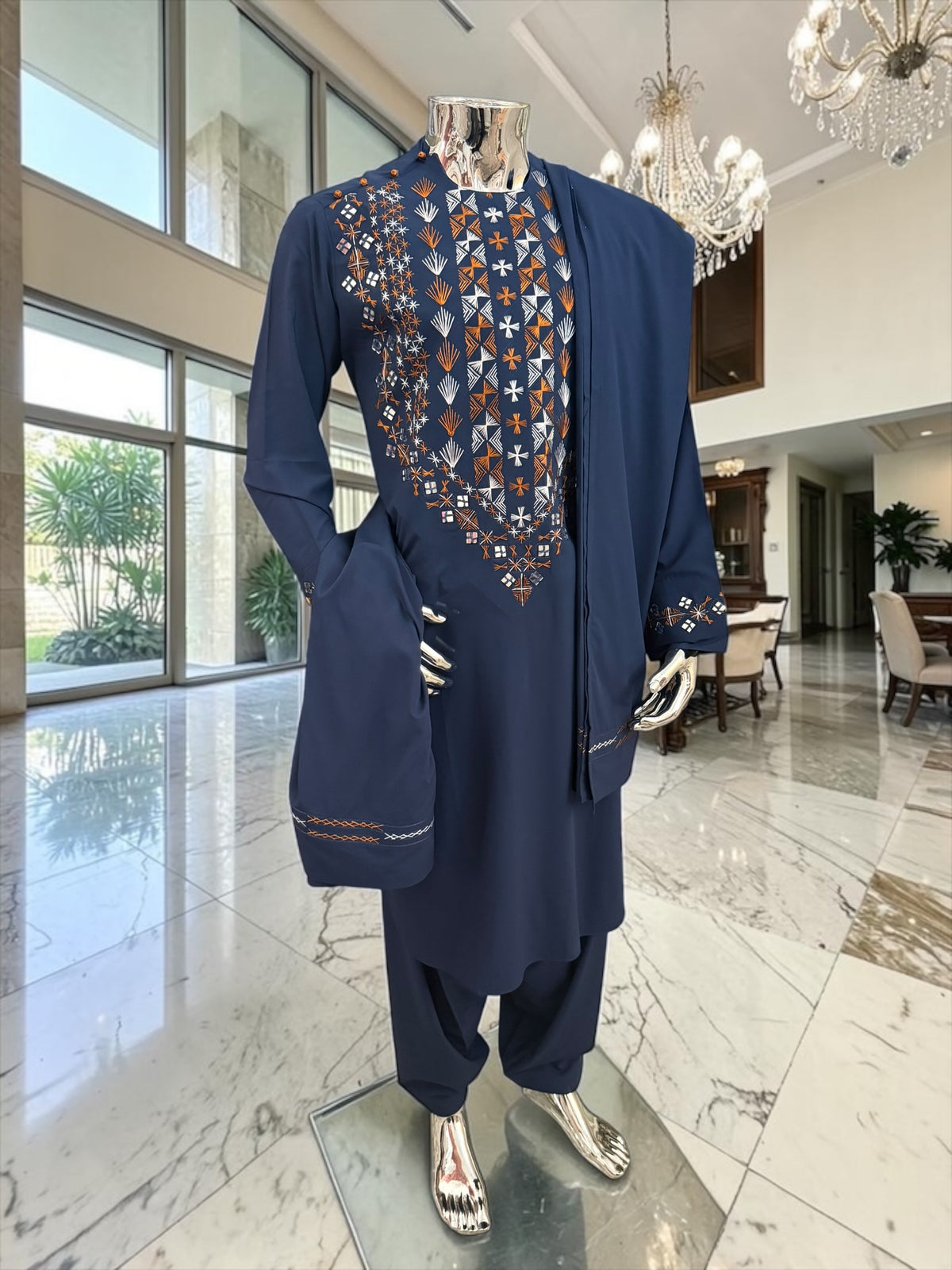 Medium Navy Blue Afghan Men’s Parahan Tunban Set – Hand Embroidery & Mirror Work with Matching Chadder/patto