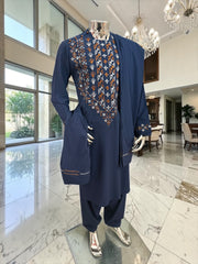 Medium Navy Blue Afghan Men’s Parahan Tunban Set – Hand Embroidery & Mirror Work with Matching Chadder/patto