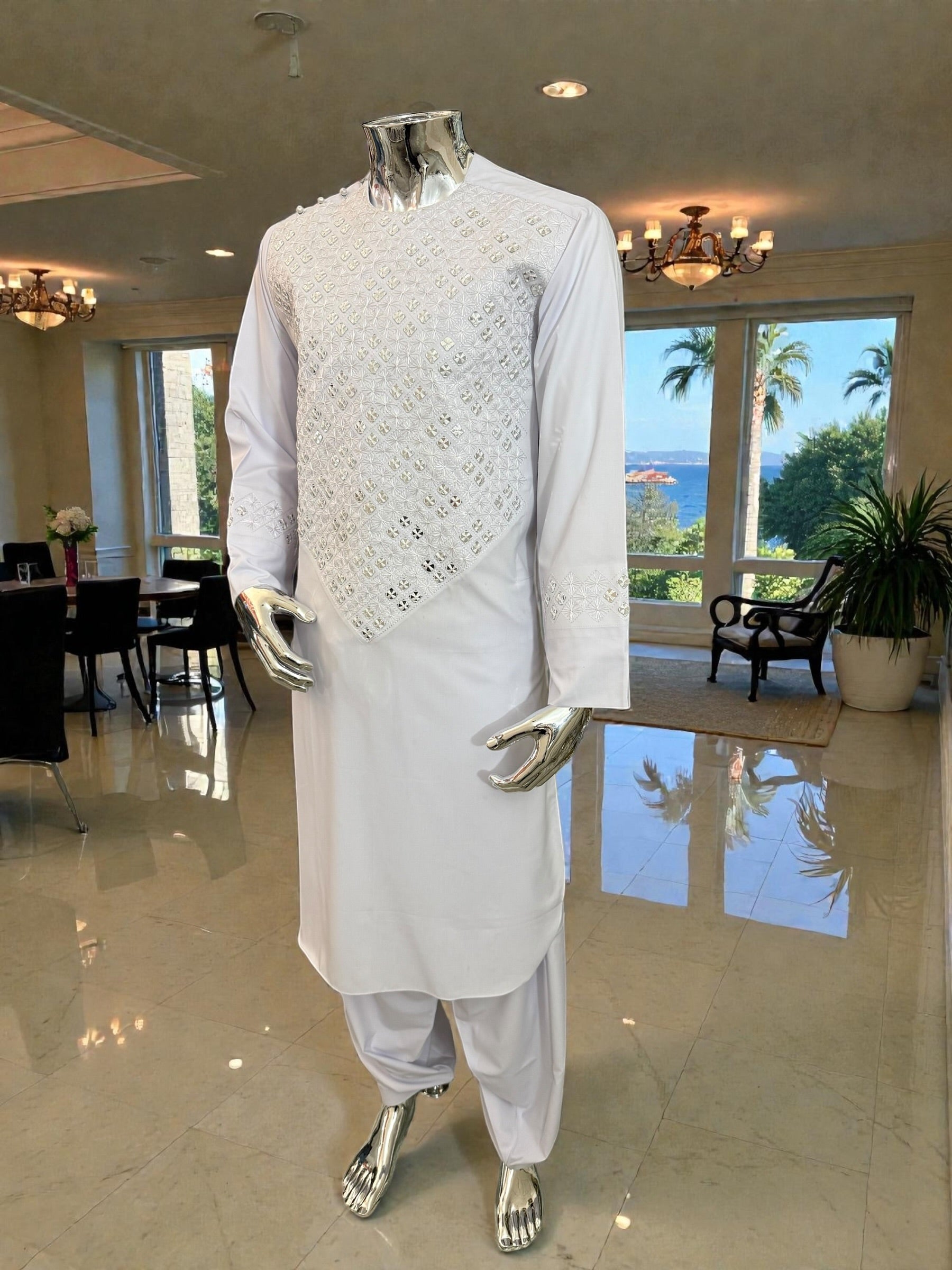Medium Men’s White Afghan Groom Outfit – 3-Piece Elegant Set