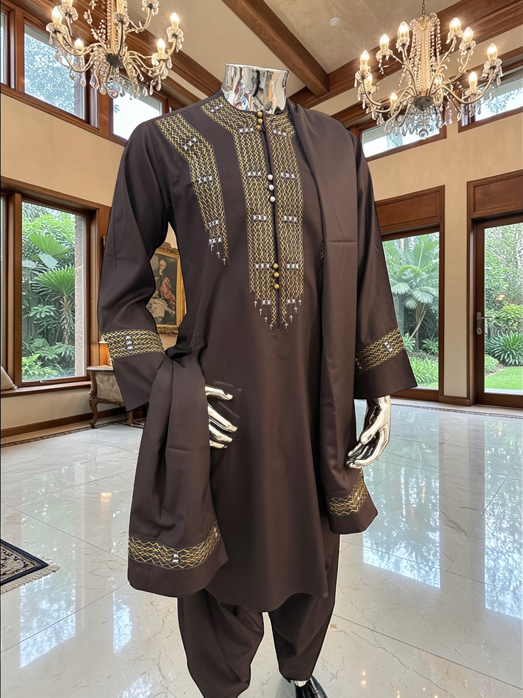 Hand Embroidered Afghan Parahan Tunban – Brown, Small to Extra Small