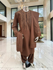 X-Large Handmade Embroidered Brown Parahan Tunban Set with Matching Shawl