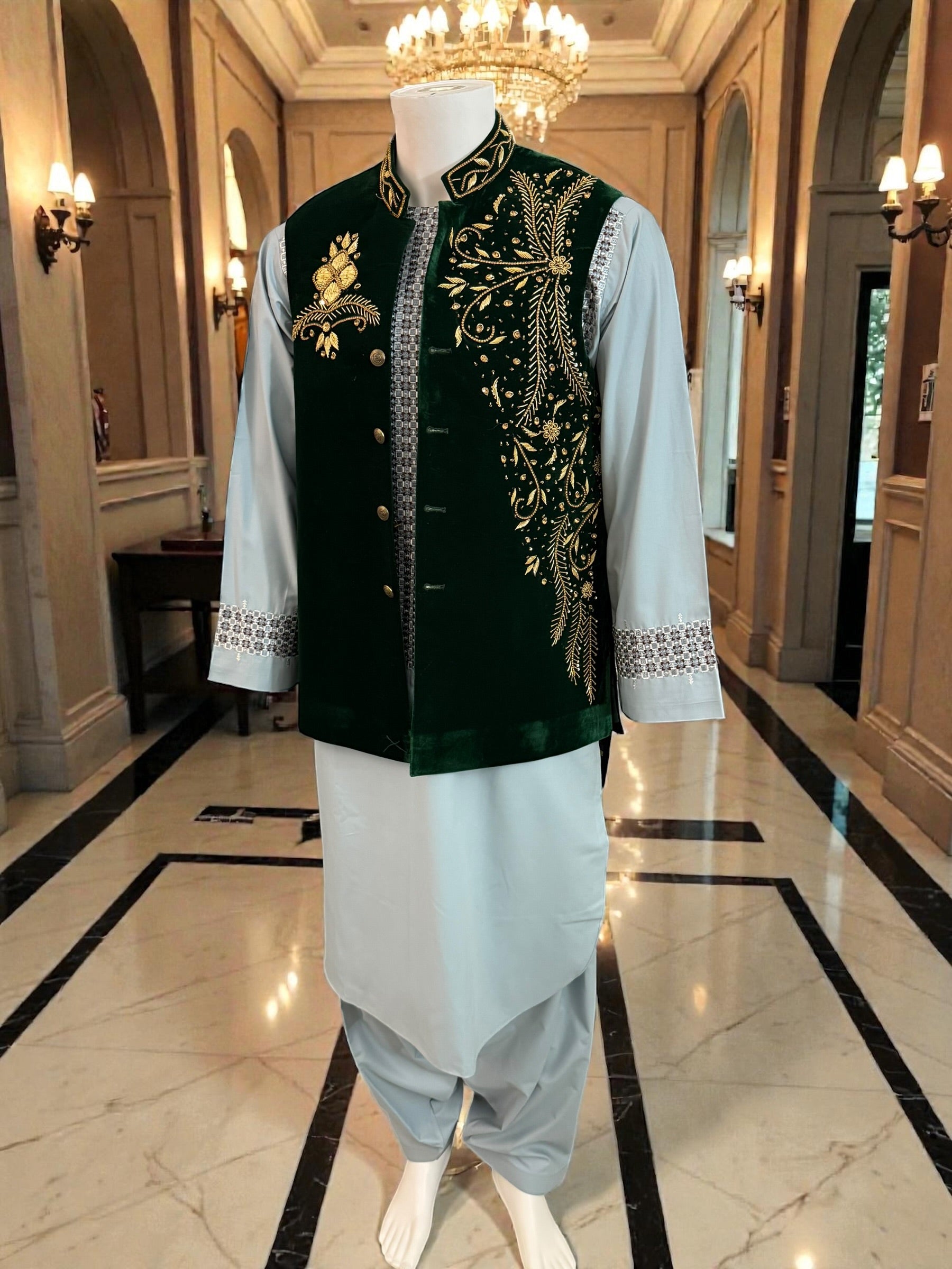 Handmade Velvet Waistcoat with Gold Somma BorrBorr Embroidery – Medium to Large