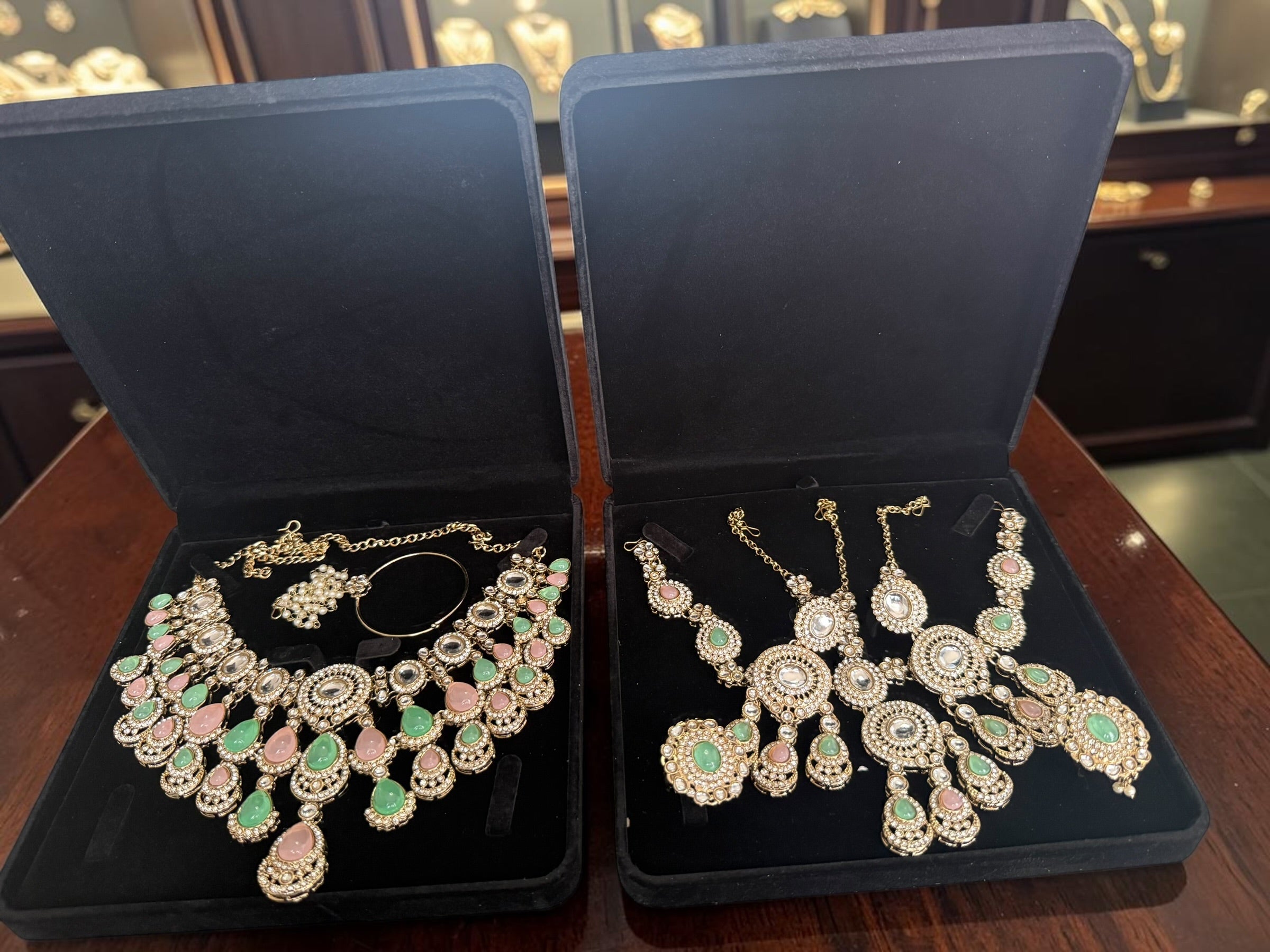 Pastel Pink & Mint Green Kundan Half Bridal Jewelry Set – 6-Piece Necklace, Earrings, Sheeshphool, Nath & Adjustable Rings 6061
