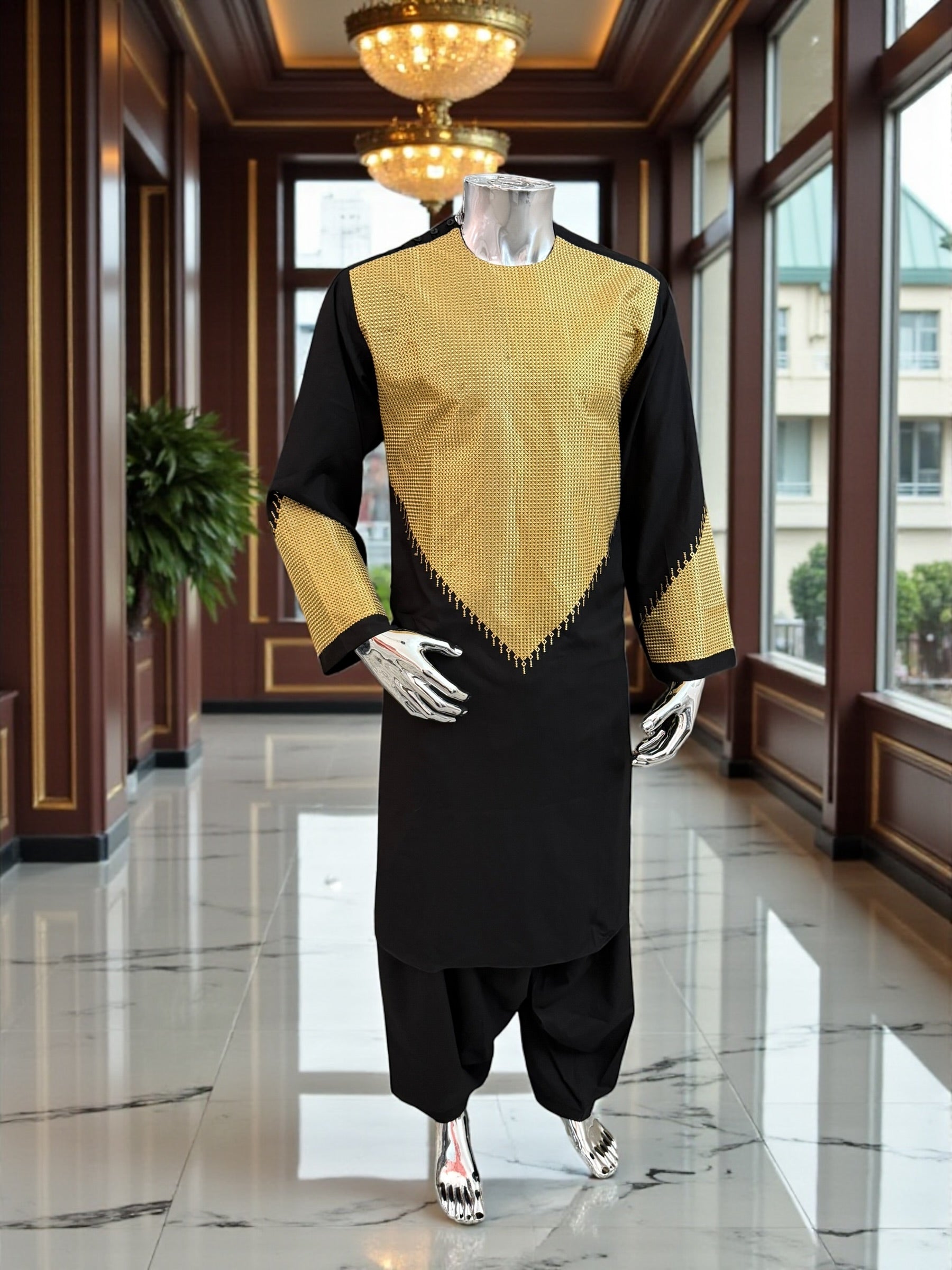 Men’s Black Parahan Tumban with Gold Embroidery & Matching Shawl | Afghan Traditional Outfit Large to X-Large