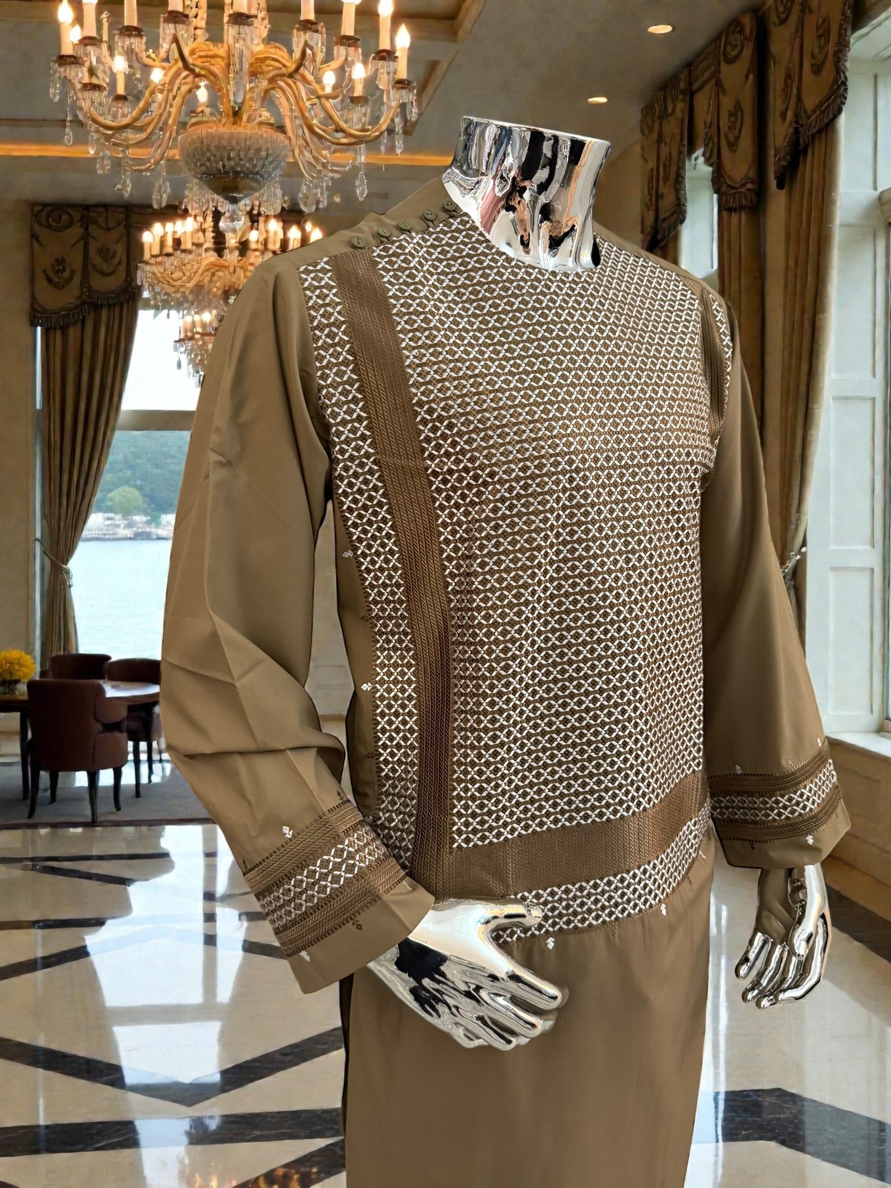 Men’s Camel Brown Parahan Tumban with Matching Embroidery – Afghan Traditional Outfit (Large)
