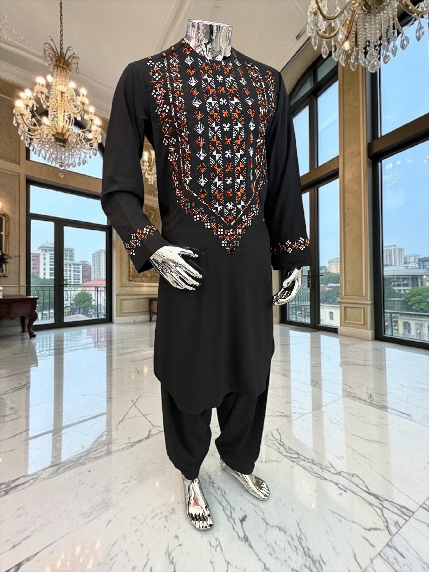 Large Black Afghan Parahan Tunban with Mirror Work – Premium Embroidered Men’s Traditional Outfit with Chadder/patto