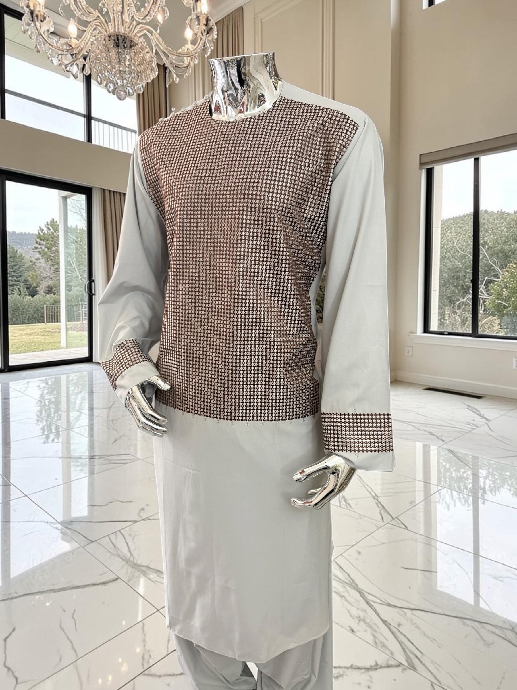 X-Large Premium Gray Parahan Tunban Set with Brown Machine Embroidery