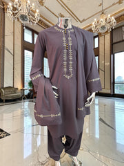 Plum Embroidered Afghan Parahan Tunban for Men with Matching Shawl