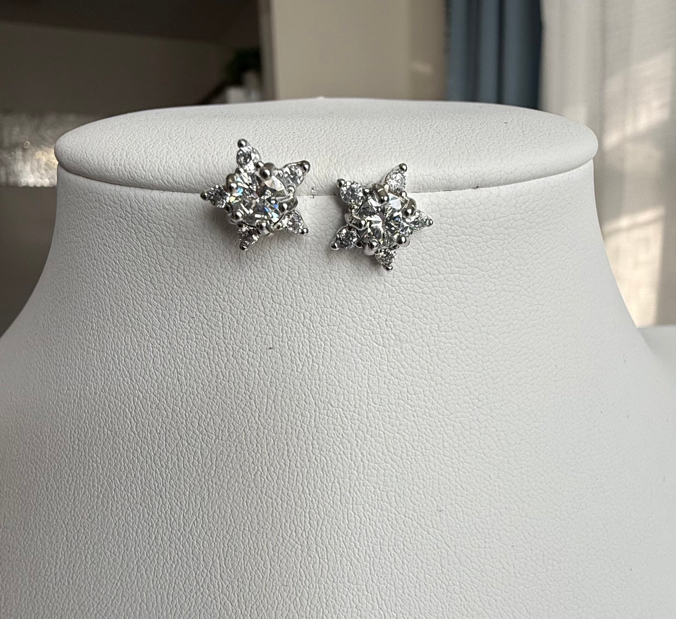 Moissanite Floral Starburst Stud Earrings – Brilliant Halo Silver Tone Earrings 7161
