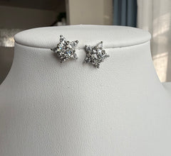 Moissanite Floral Starburst Stud Earrings – Brilliant Halo Silver Tone Earrings 7161