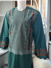 Men’s Emerald Green Parahan Tumban with Brown and White Embroidery Small