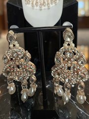 Champagne Pearl Kundan Bridal Jewelry Set with Earrings & Maang Tikka | Rose Gold Indian Pakistani Afghan Wedding Necklace | Jewelry Gift Box Included 6048