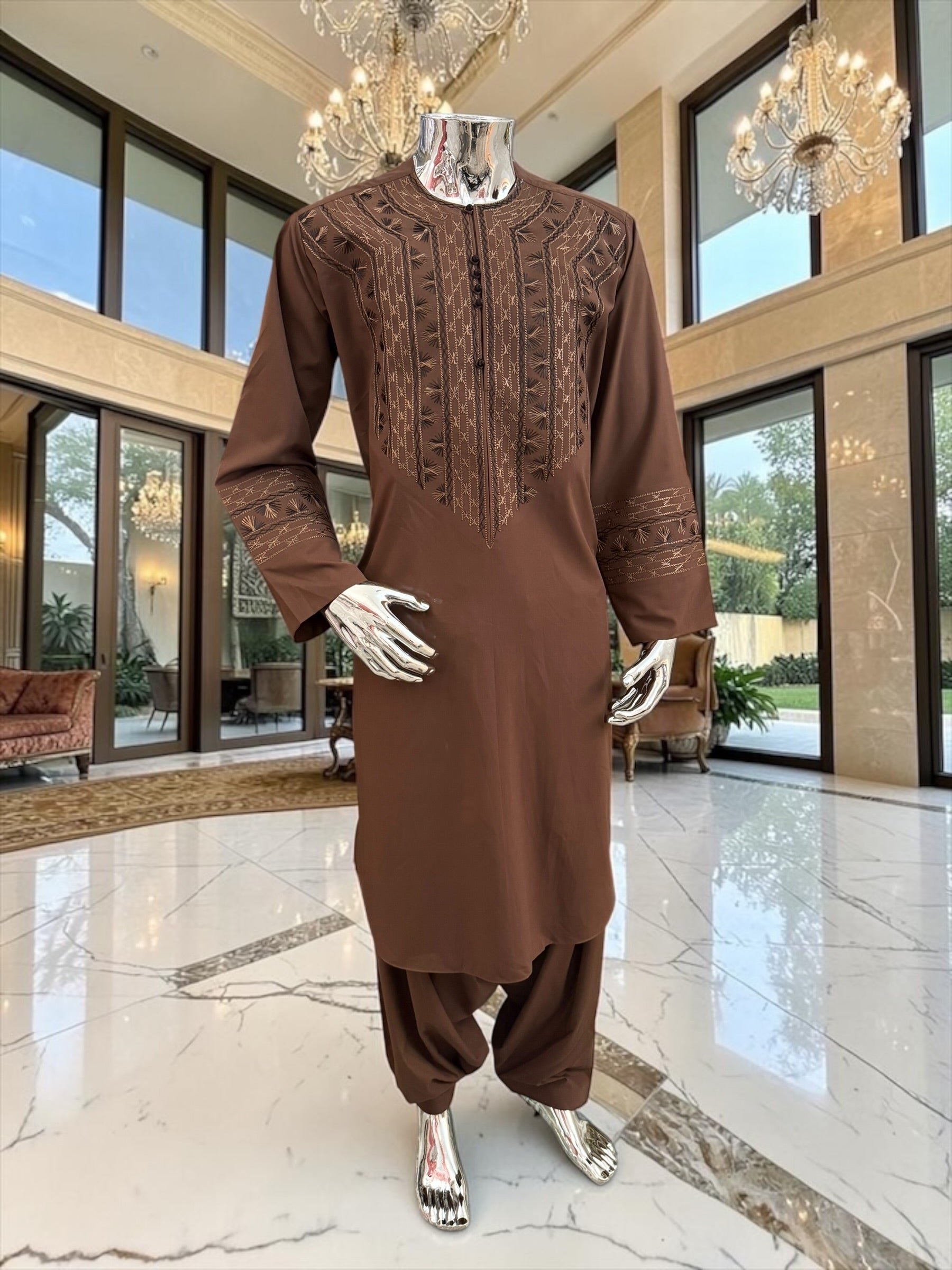 Men’s Chocolate Brown Embroidered Afghan Parahan Tunban with Matching Shawl Handmade
