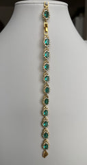 Emerald Green Oval Crystal Halo Link Bracelet – Gold Tone Statement Jewelry 7132