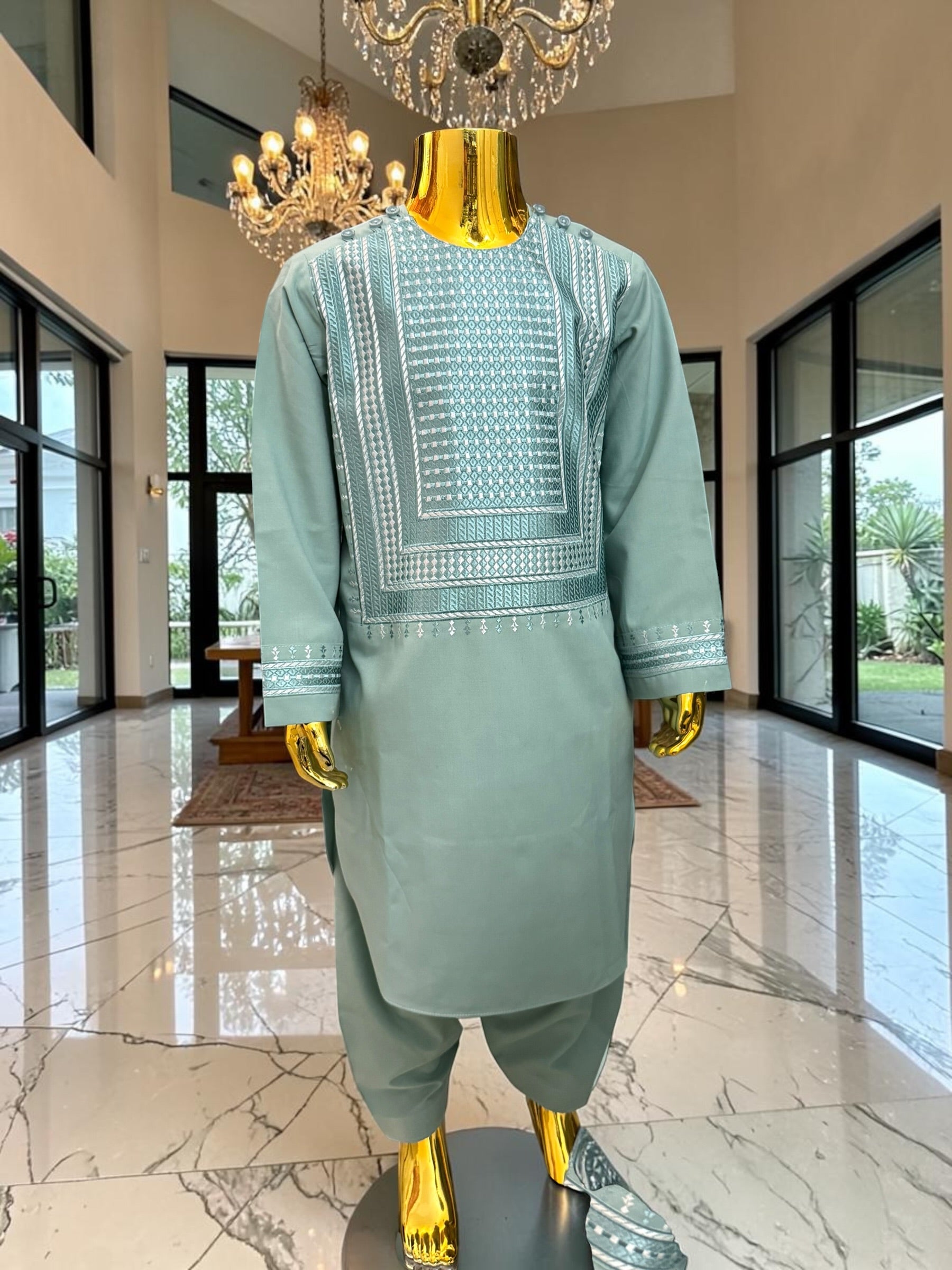 Kids Afghan Parahan Tunban Set – Premium Embroidered Traditional Afghan Outfit for Boys | Sage Green Eid & Wedding Wear (1–12 Years) Design #24
