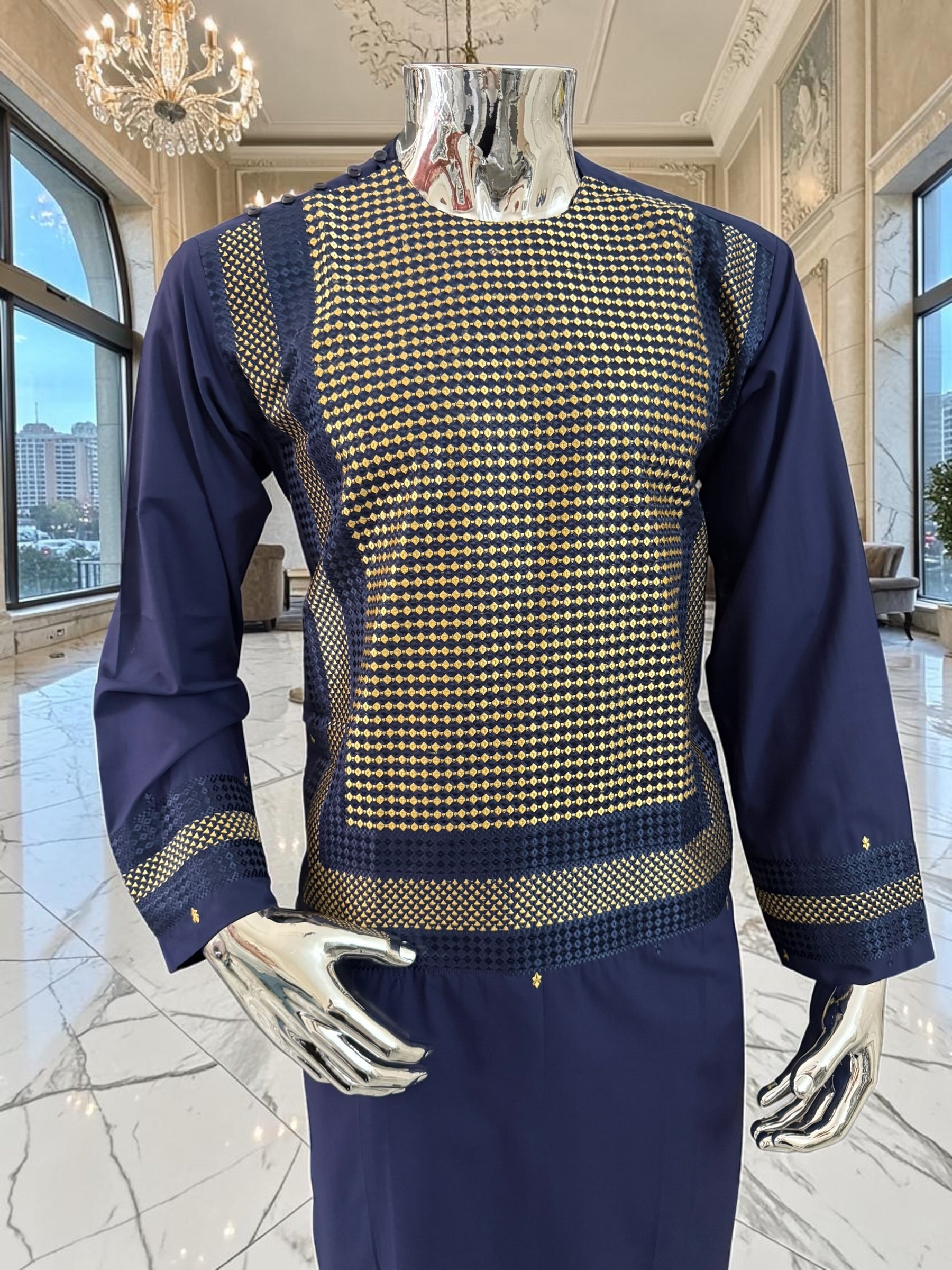 Small Premium Navy Blue Parahan Tunban Set with Gold Machine Embroidery Pattu/chadder