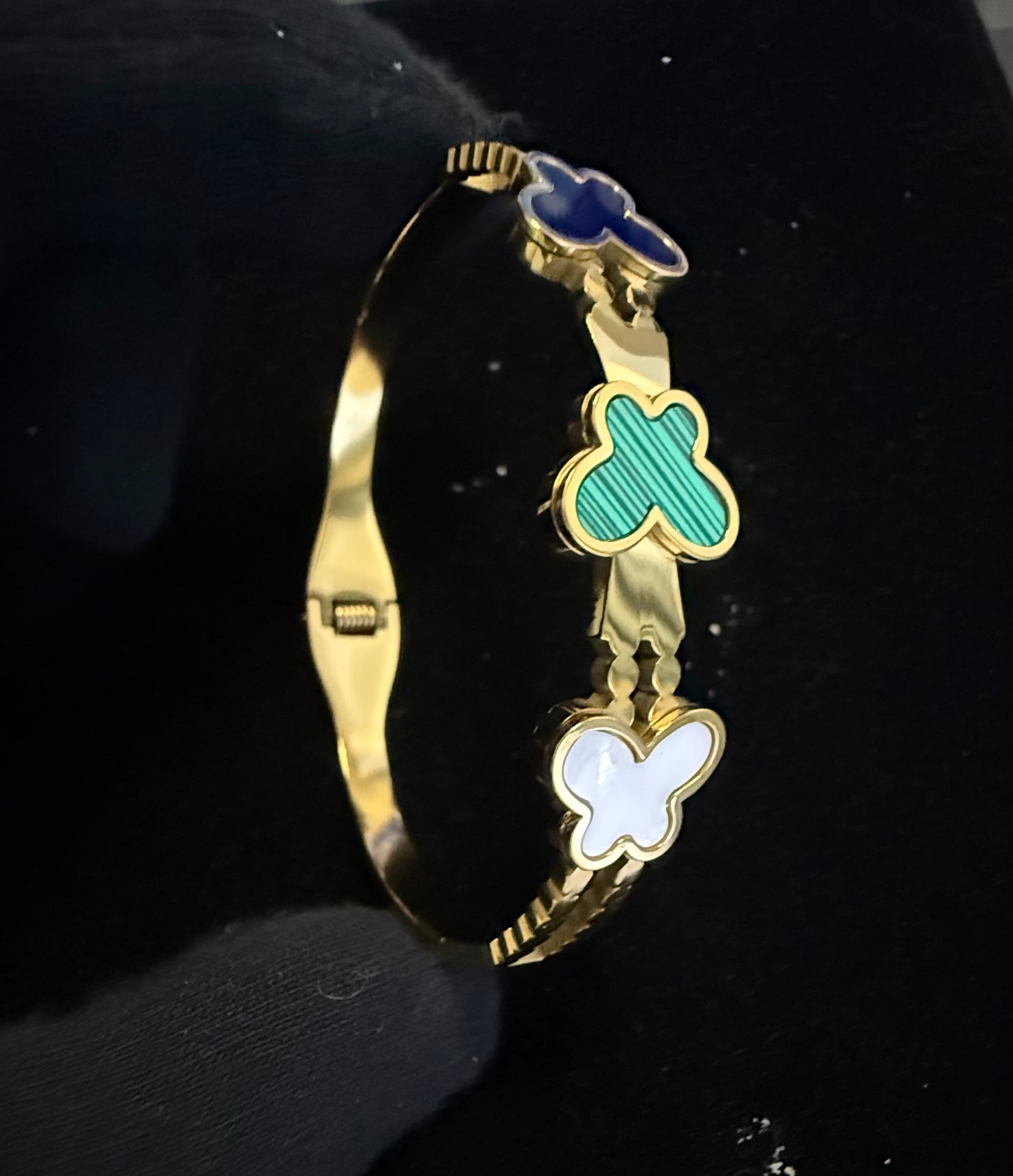 Gold Tone Stainless Steel Butterfly Bangle Bracelet in Black, Green & White 8061