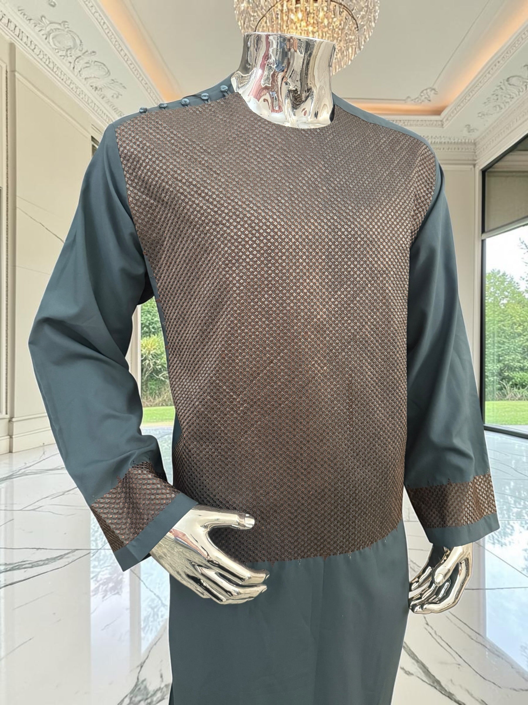 X-Large Men’s Slate Teal & Bronze Embroidered 3-Piece Parahan Tunban with Matching Tunban & Shawl | Afghan Traditional Outfit 7222