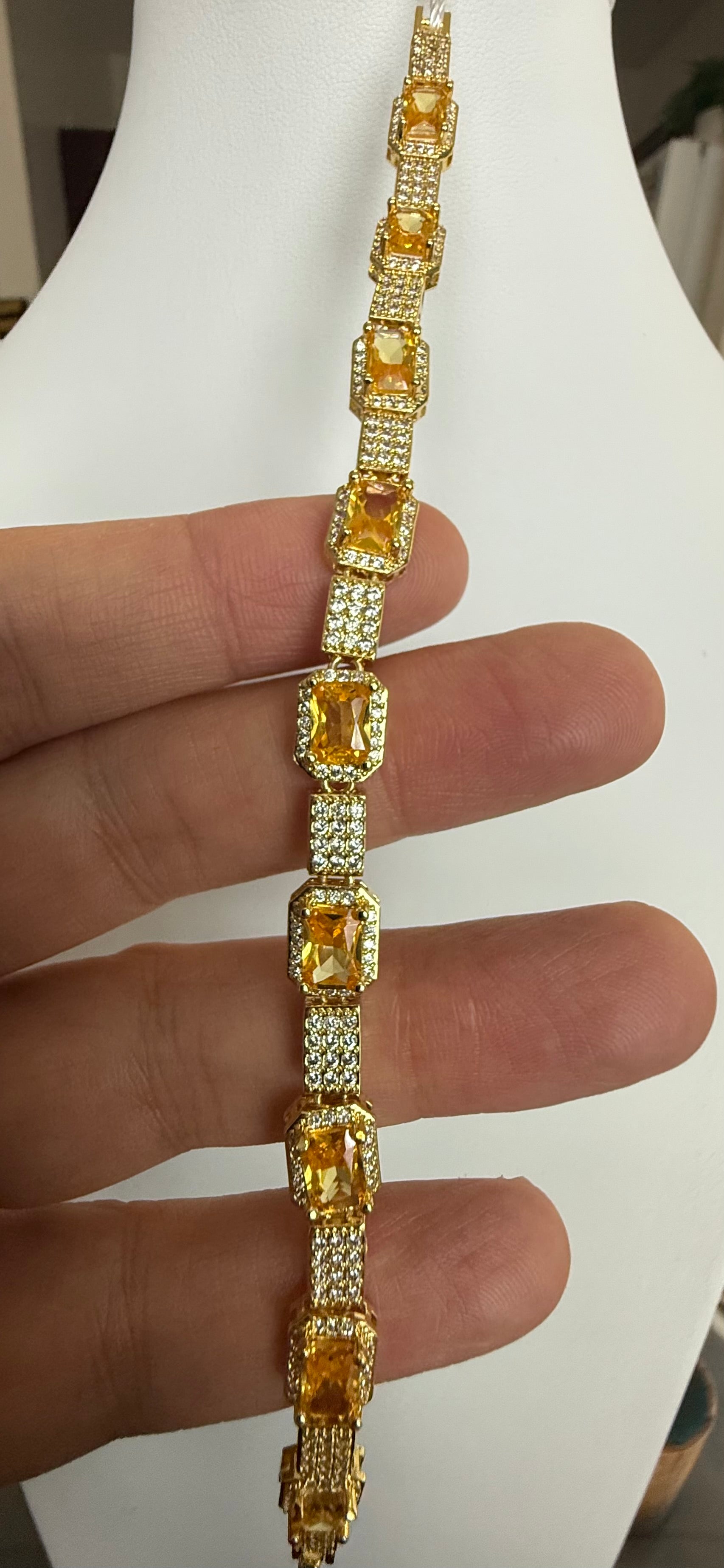 Golden Yellow Emerald-Cut Crystal Tennis Bracelet – Gold Tone Rhinestone Halo Statement Jewelry 7069