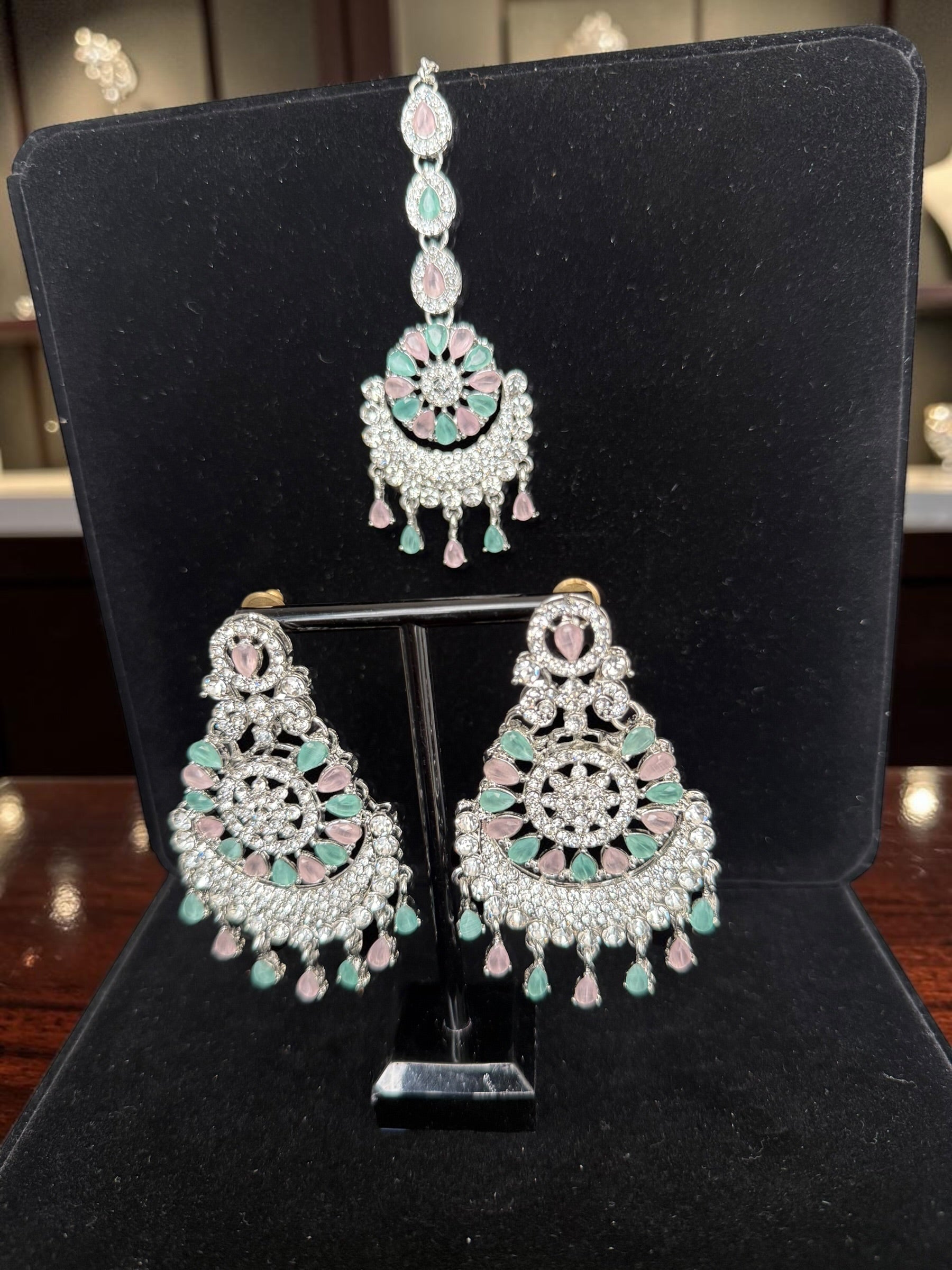 Indian Pakistani Afghan American Diamond Earrings with Maang Tikka Set | Bridal Chandbali Earrings | Wedding Jewelry Gift | 6 Color Options