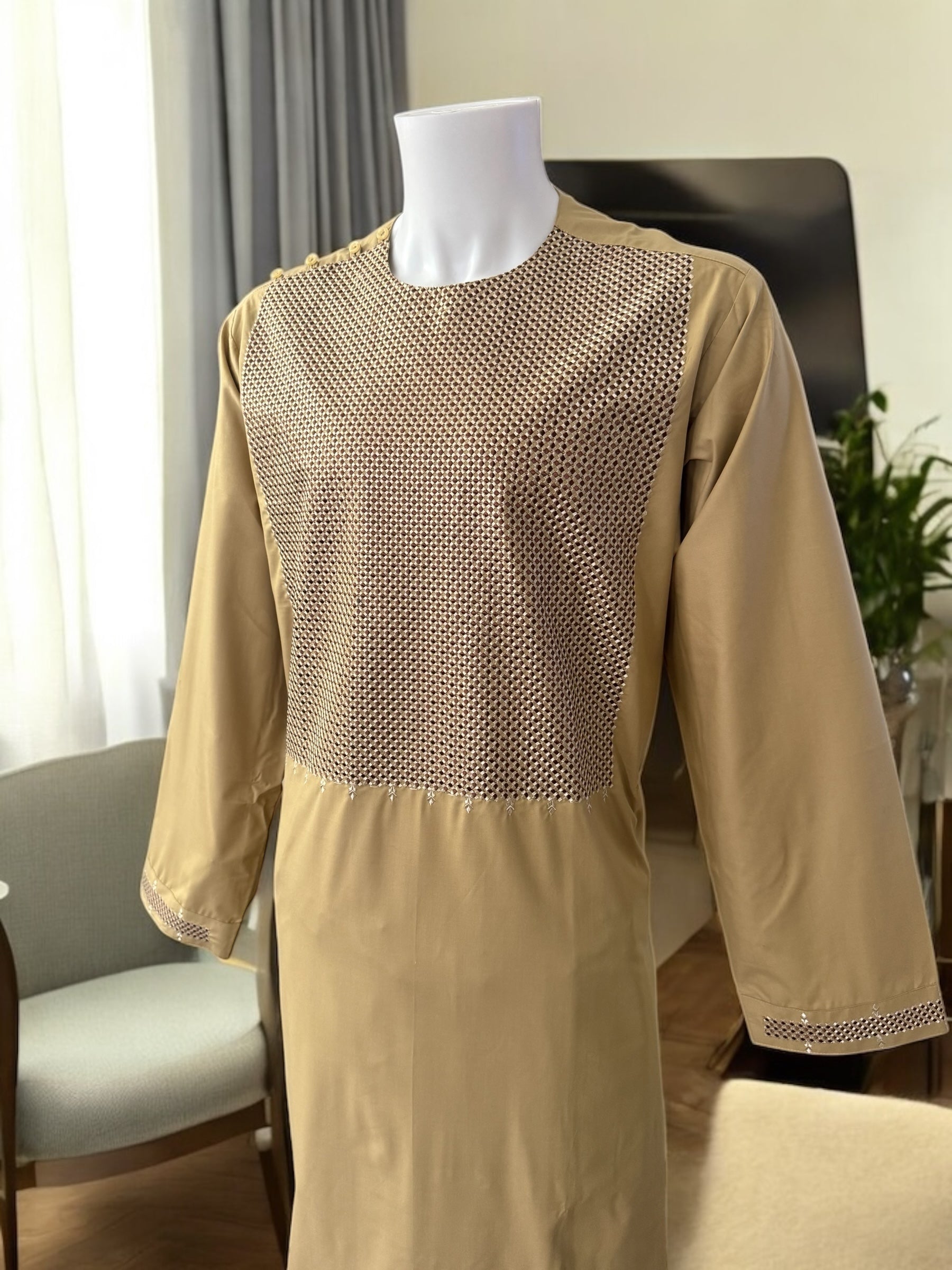 Afghan Parahan Tunban for Men – Beige Gold, XL (Defected Embroidery)