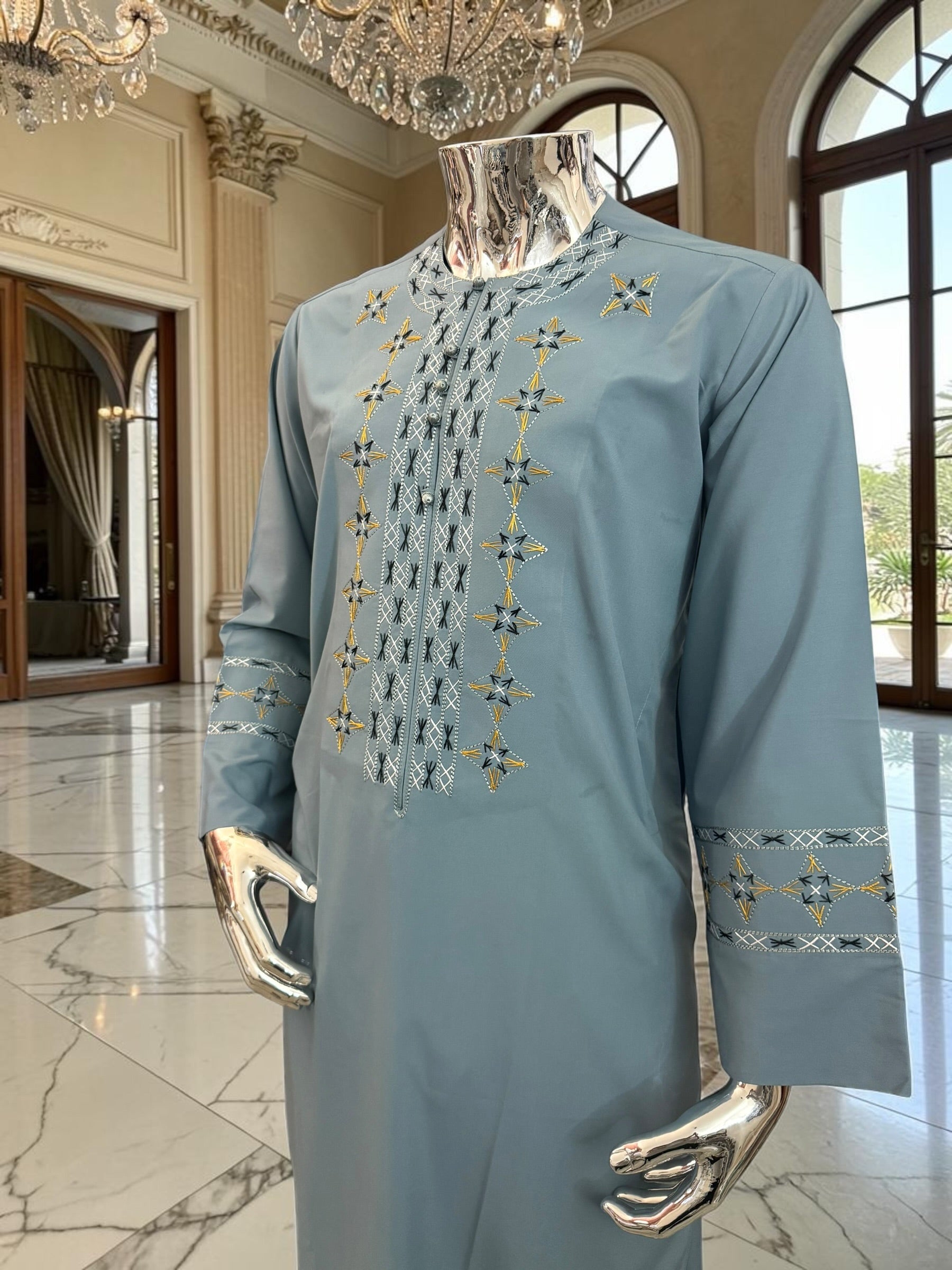 Men’s Gray Blue Embroidered Afghan Parahan Tunban with Shawl Small and Large Available