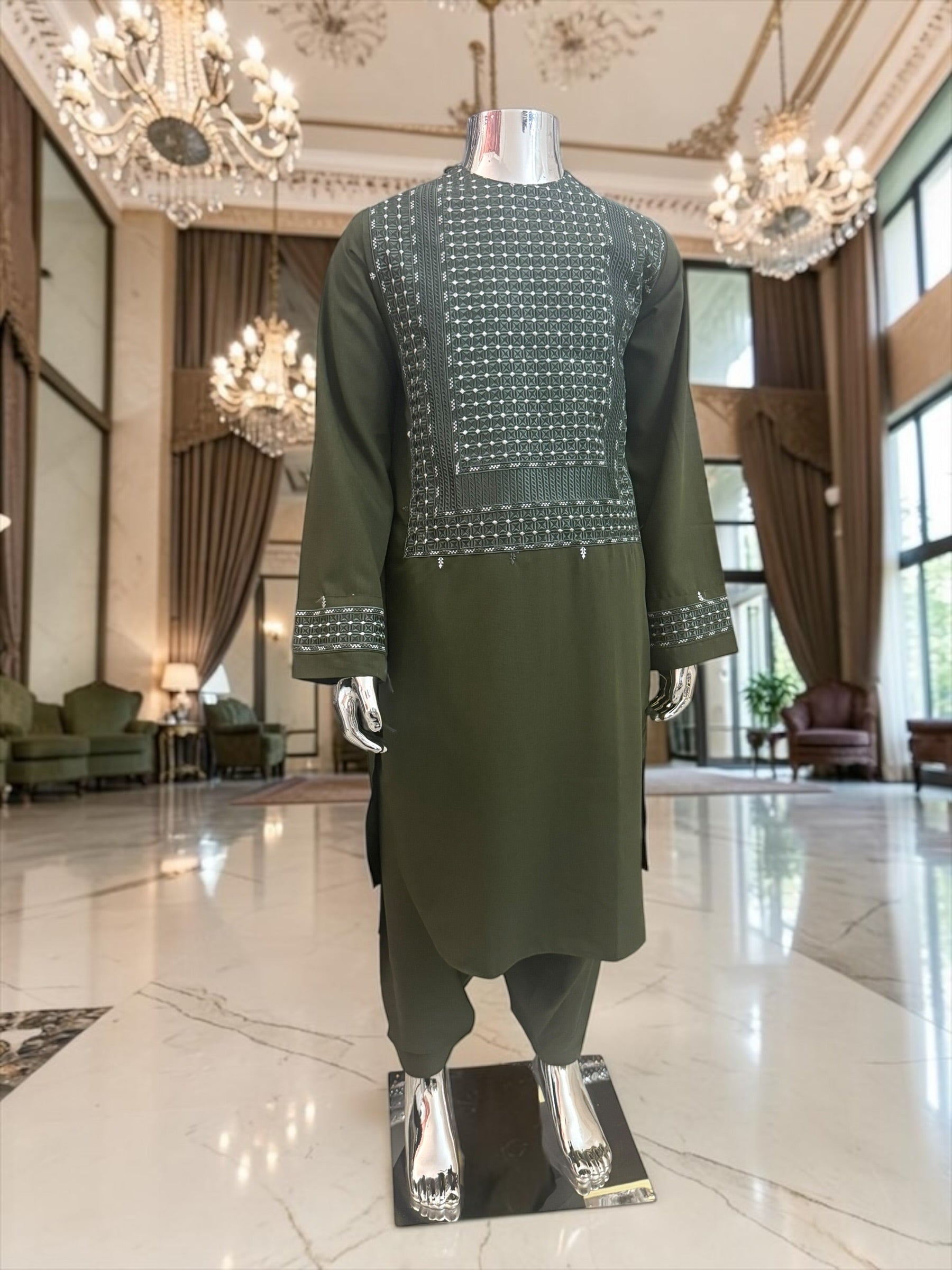 Kids Traditional Afghan Clothing – Olive Green Parahan Tunban for Boys Design #23