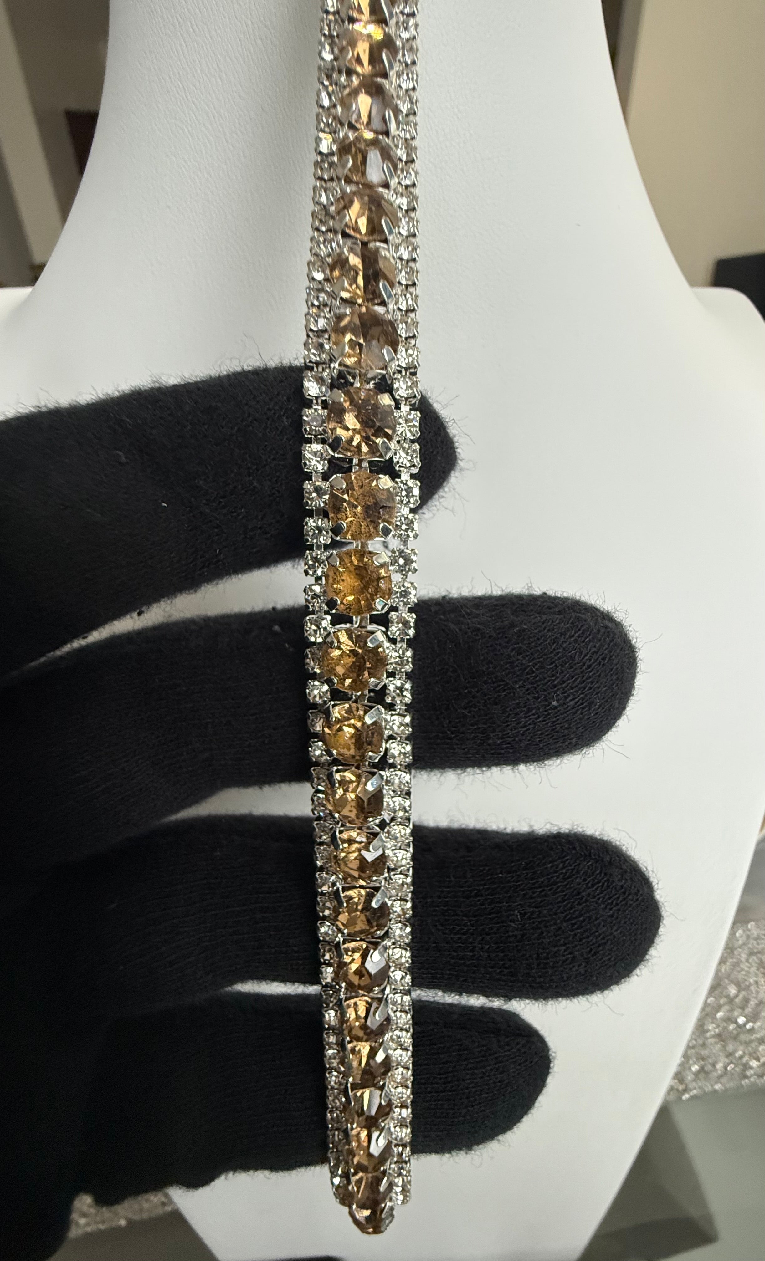 Champagne Crystal Double Row Tennis Bracelet – Silver Tone Statement Bracelet 7108