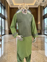 Medium Afghan Parahan Tunban Kameese Shalwar Green Machine Embroidery