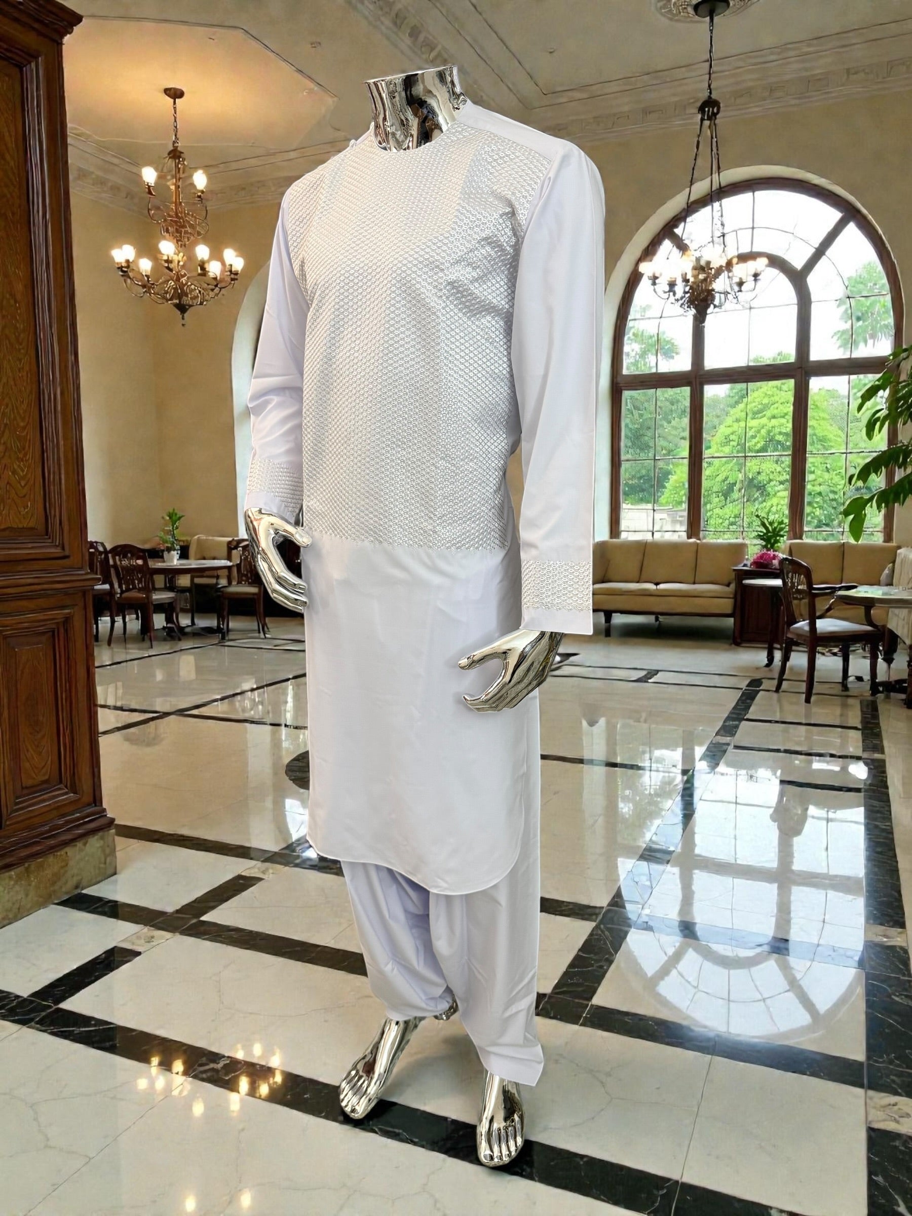 Small White Embroidered Parahan Tumban | Cotton-Blend Afghan Men’s Traditional Outfit | Luqmaan Boutique