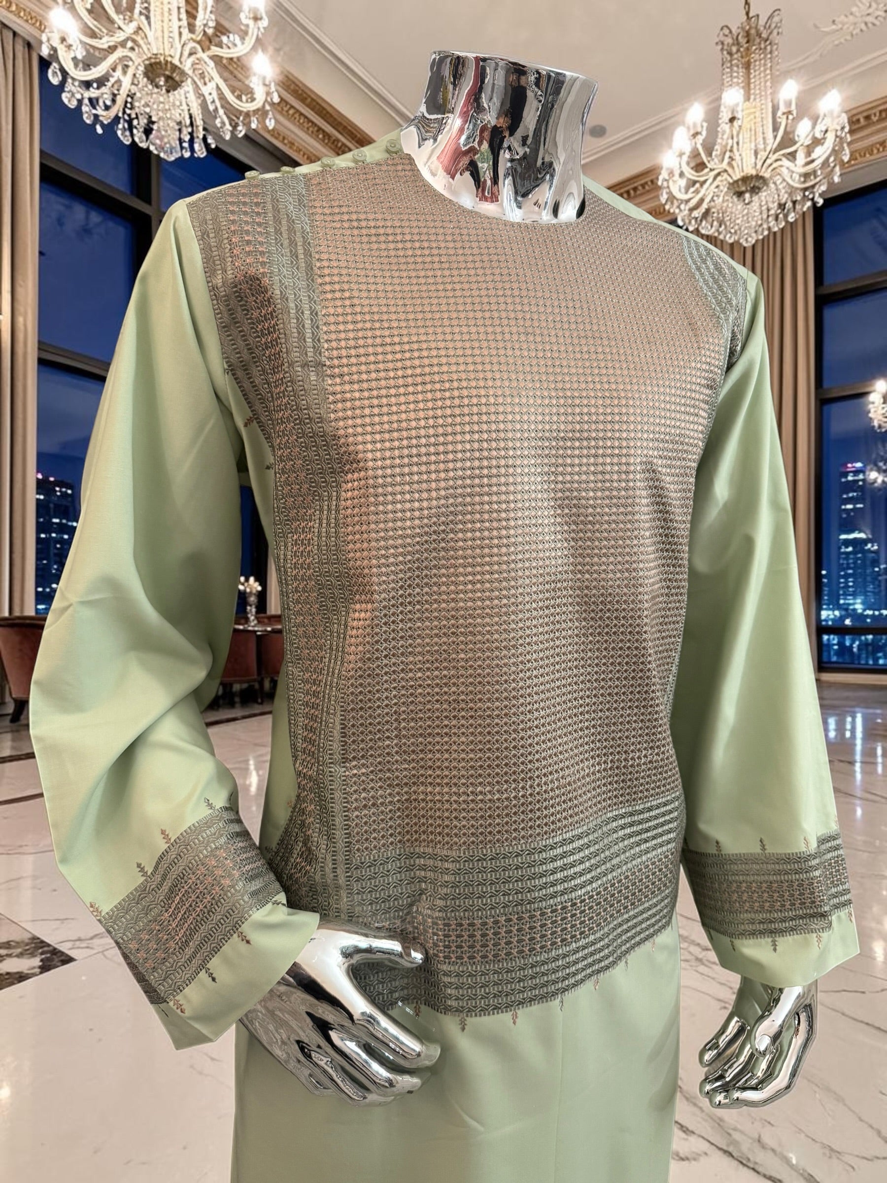 X-Large Pistachio Green Kandahari Parahan Tunban for Men | Premium Afghan Traditional Wear